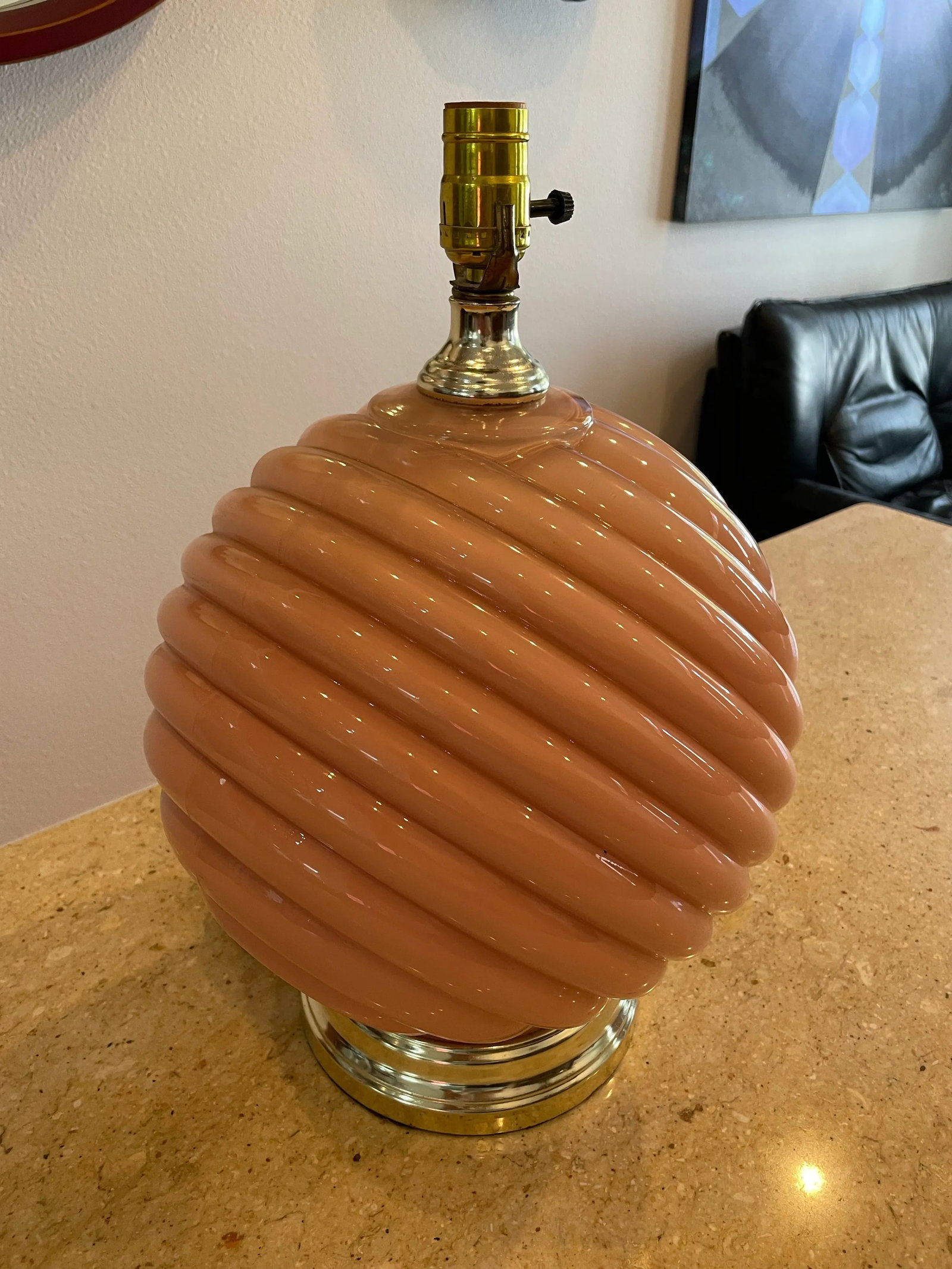 Postmodern Blush Pink Ribbed Glass Lamp With Polished Brass Base - 3