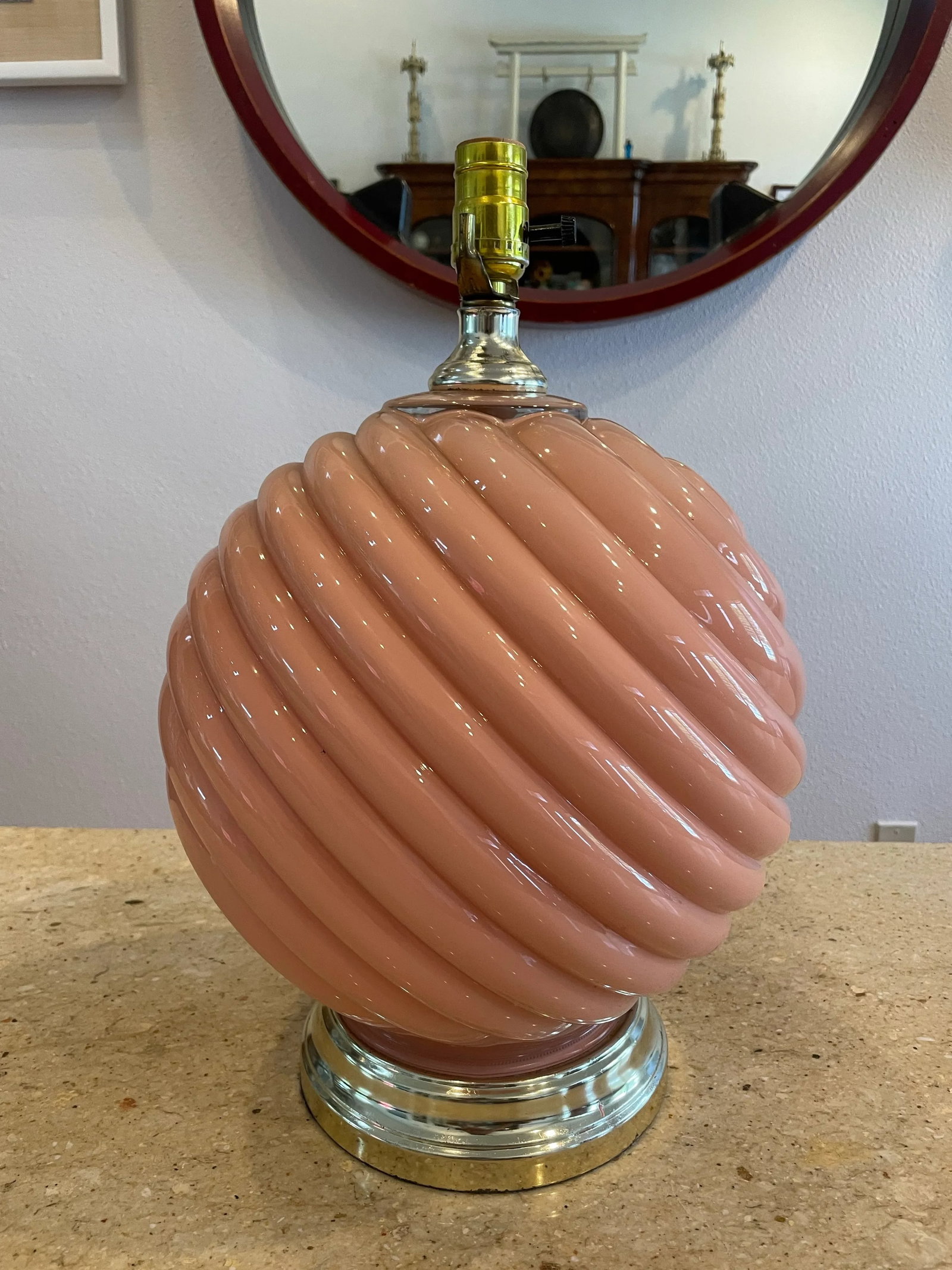 Postmodern Blush Pink Ribbed Glass Lamp With Polished Brass Base - 4