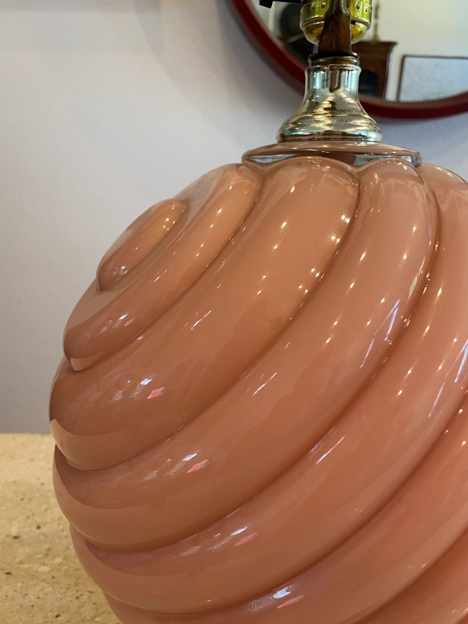 Postmodern Blush Pink Ribbed Glass Lamp With Polished Brass Base - 6