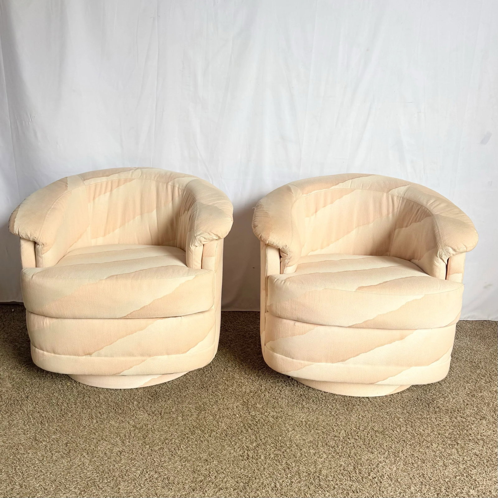 Postmodern Wavy Pink Barrel Swivel Chairs by Carson's - A Pair - 2