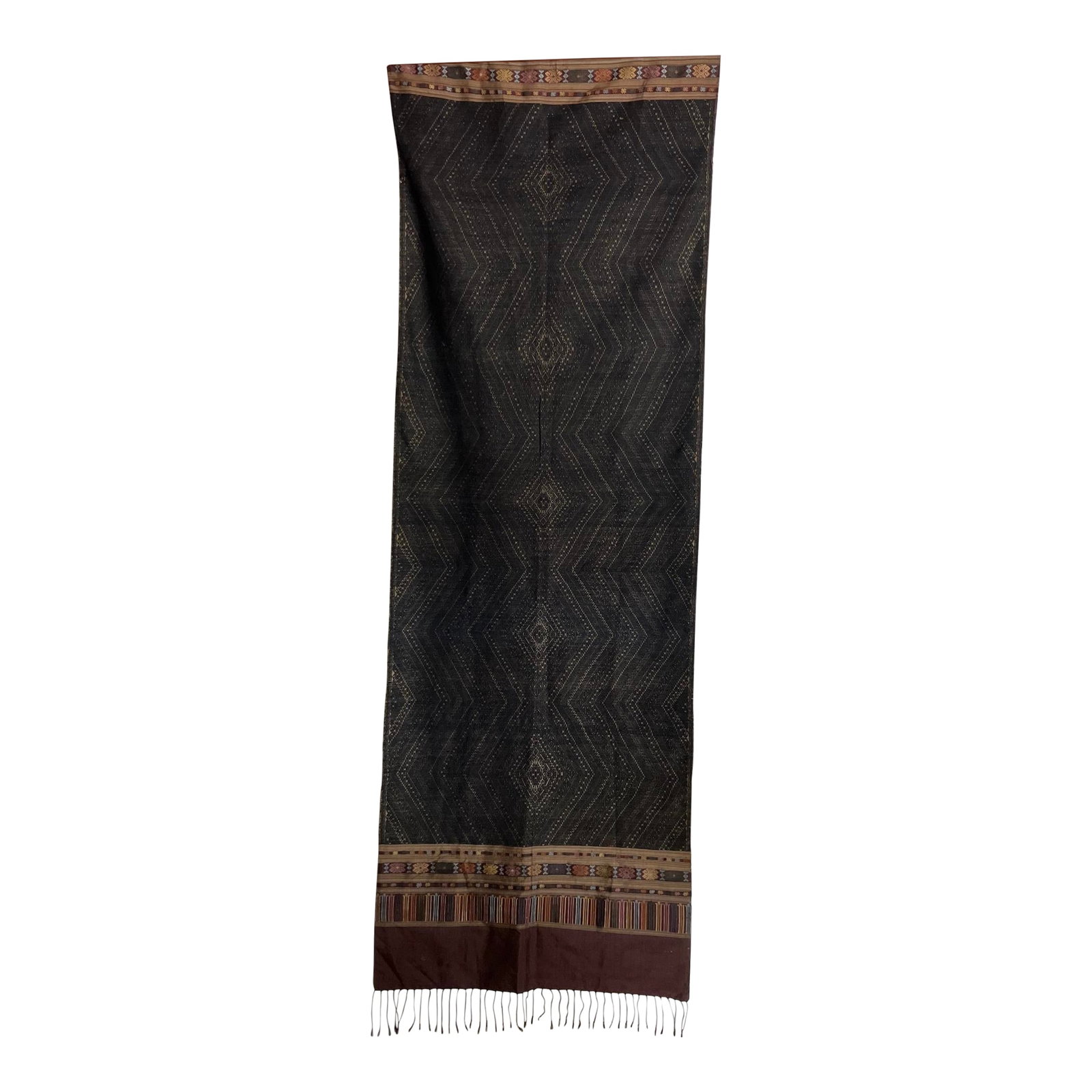 Early 20th Century Pha Biang Ceremonial Shawl, Tai Daeng People, Northern Laos: This excellent example of Pha Biang is comprised of 100% silk & 100% cotton threads, and was handspun, -dyed, and -woven in northern Laos by the Tai Daeng people of northern Laos. Pha Biang have