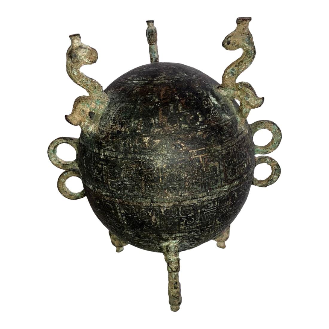19th Century Chinese Bronze Food Container/Vessel: This bronze spherical footed food container adds traditional, visual, and spatial appeal to an interior. Even oxidation of bronze has resulted in an even palette of greens and deep color. The lateral
