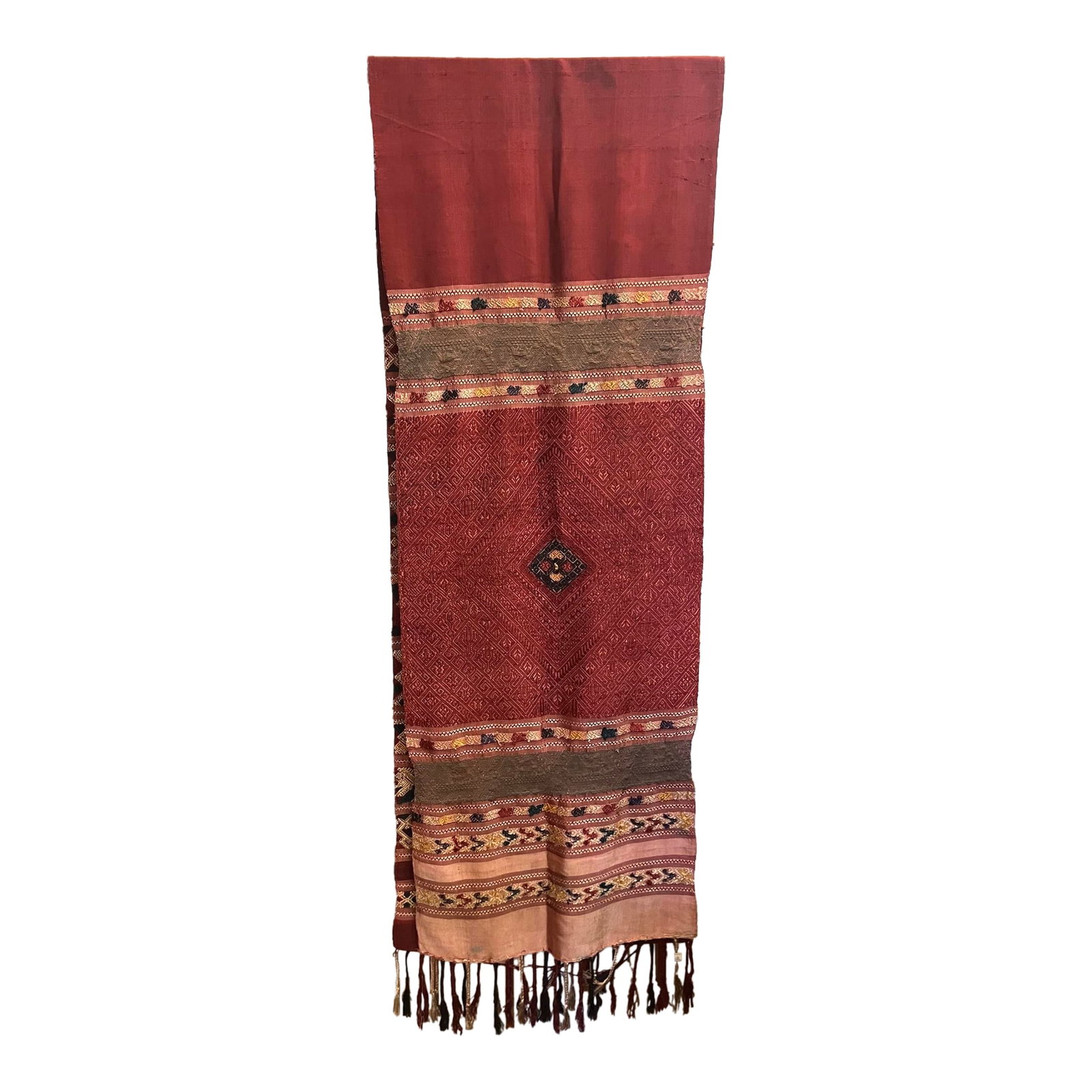 Phaa Sabai (Healing Cloth) Made in Xam Tai, Laos: This fine example of Phaa Sabai is comprised of 100% silk & 100% cotton threads, and was handspun, -dyed, and -woven in Xam Tai, Laos. Phaa Sabai are traditionally used by shamans and community