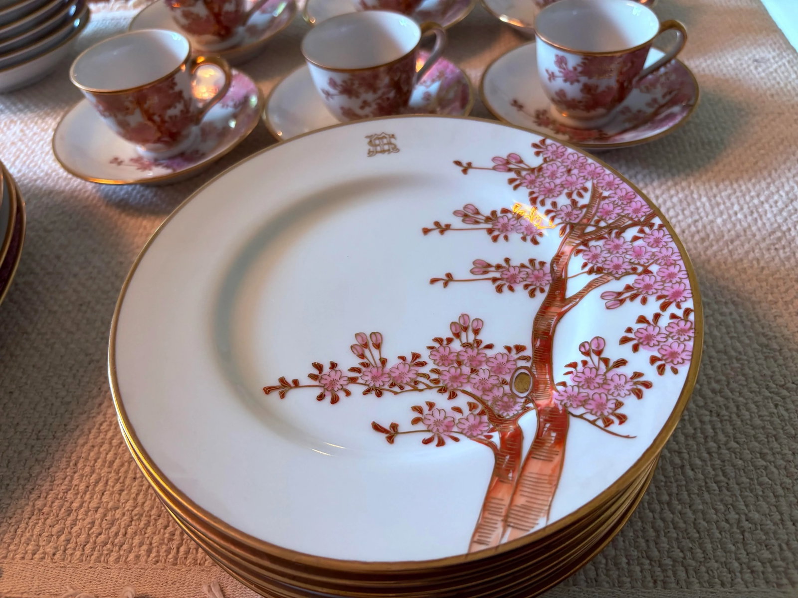 Vintage Dinnerware Set for 6 Featuring Hand Painted and Gilted Cherry Blossoms by Soko China - 36 Pi - 4