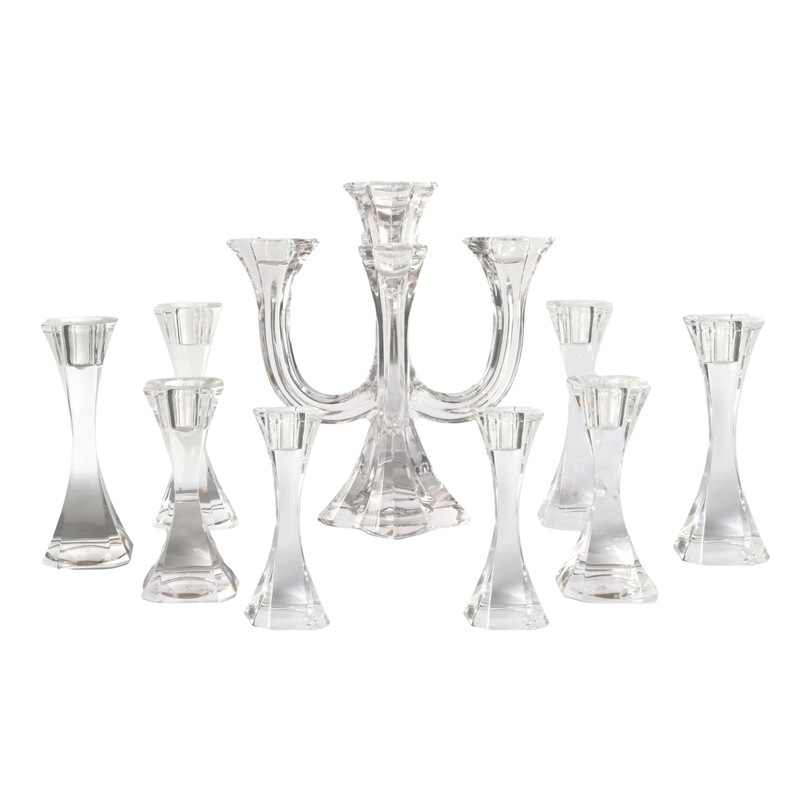 Villeroy & Boch Crystal Candleholder Set: Stunning Villeroy & Boch crystal candleholder set from the "Crystal Cocktail Club" collection. Includes a dramatic 10" five-arm candelabra, four 6" tall single holders, and four 5" shorter