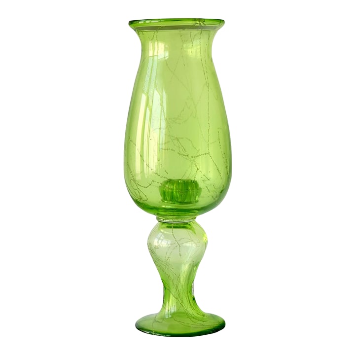 Tall Heavy Midcentury Blown Glass Vase W/Flower Frog: Heavy midcentury blown glass vase in vibrant chartreuse green, featuring delicate trails of controlled bubbles throughout the body and stem. It also has a built in flower frog to make easy work of