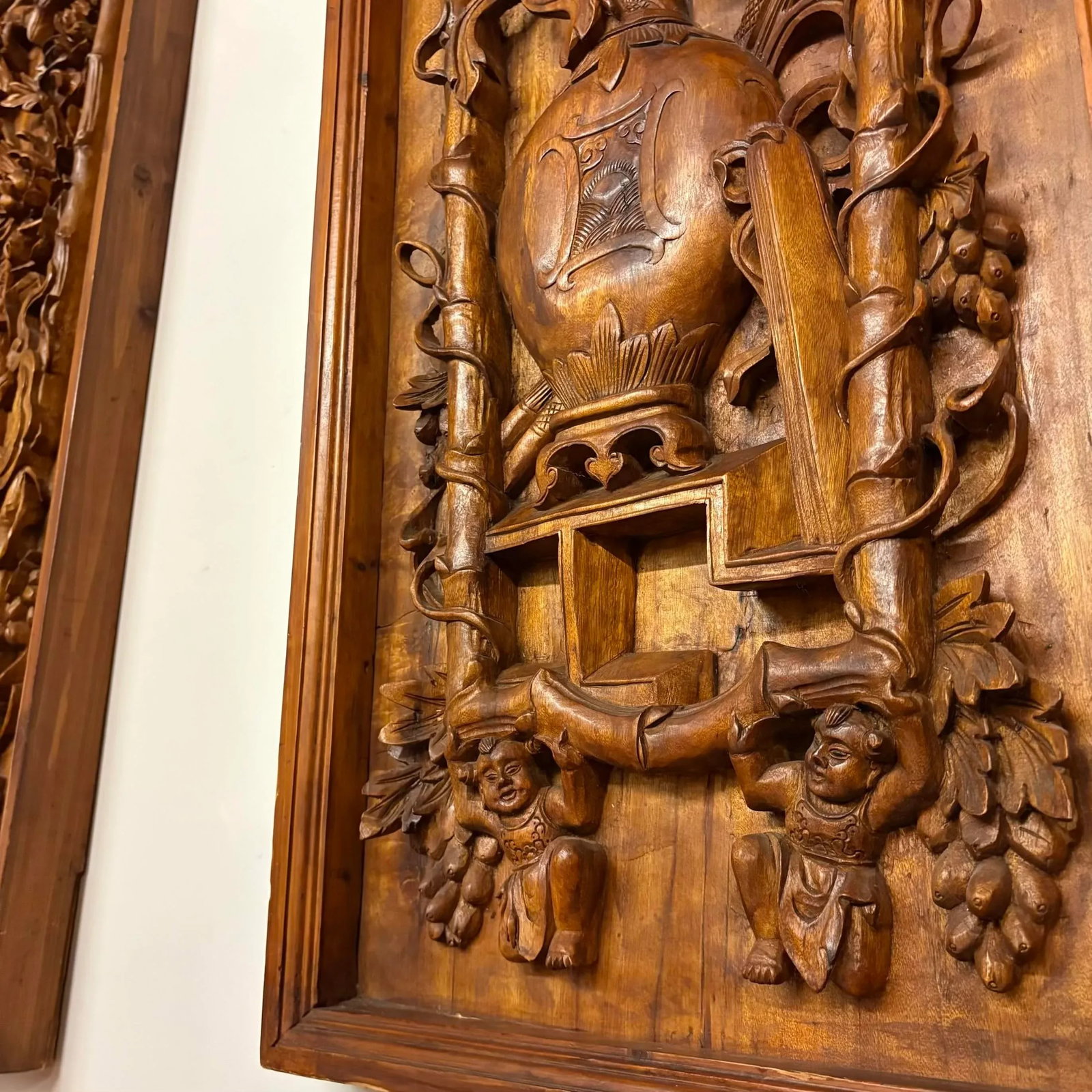 Pair of Large Antique Chinese Hand-Carved Wall Panels - 11
