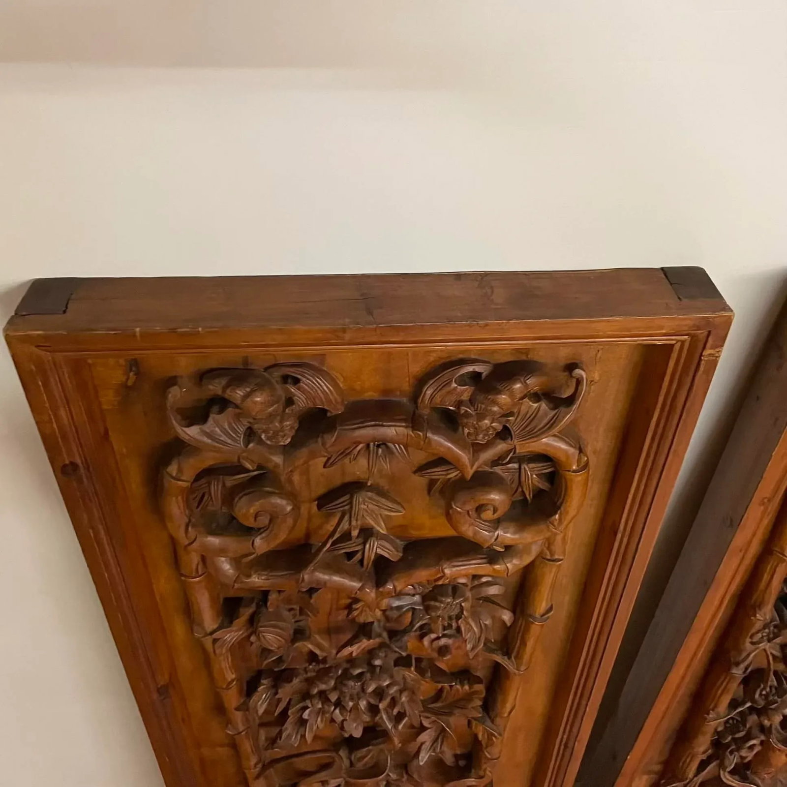 Pair of Large Antique Chinese Hand-Carved Wall Panels - 15