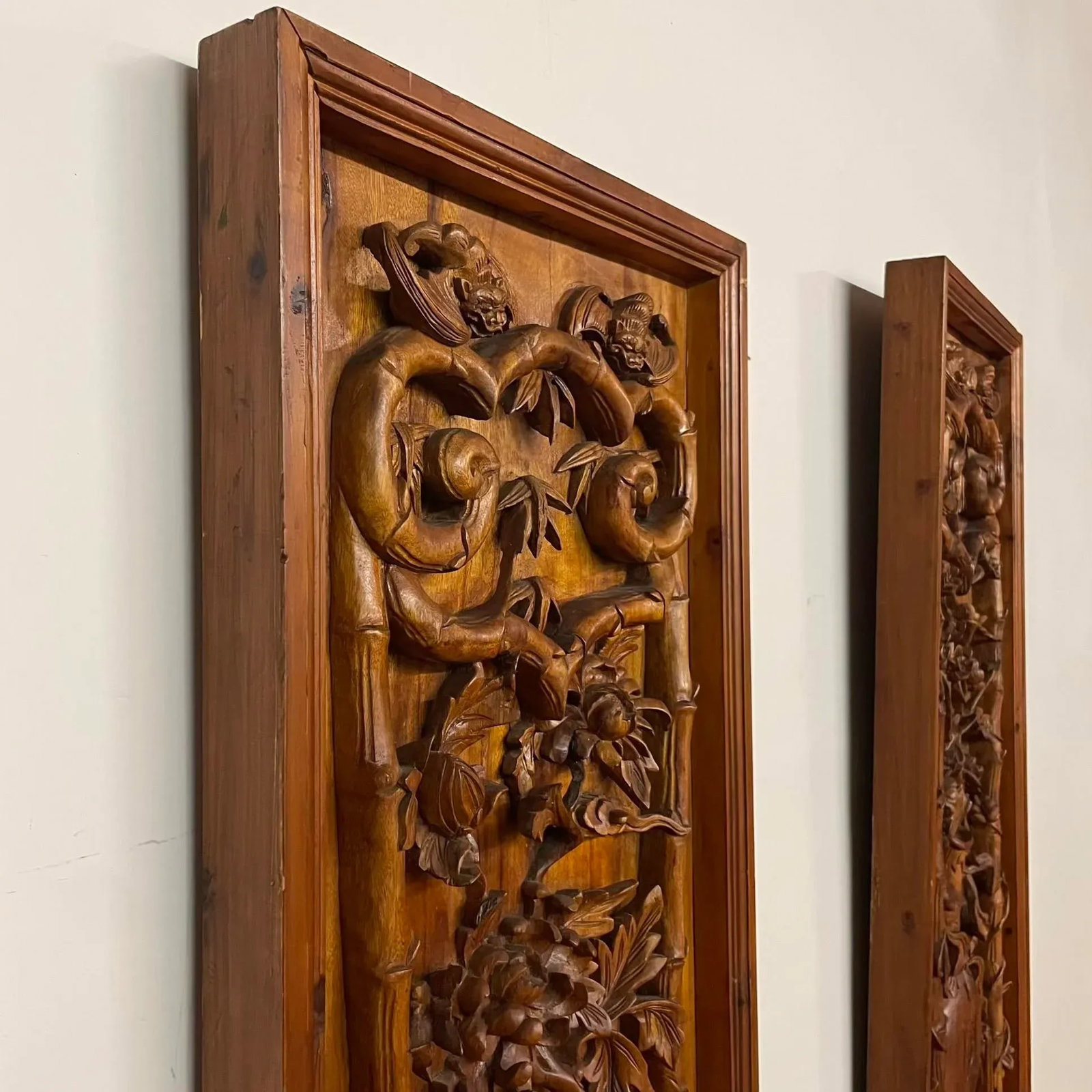 Pair of Large Antique Chinese Hand-Carved Wall Panels - 17