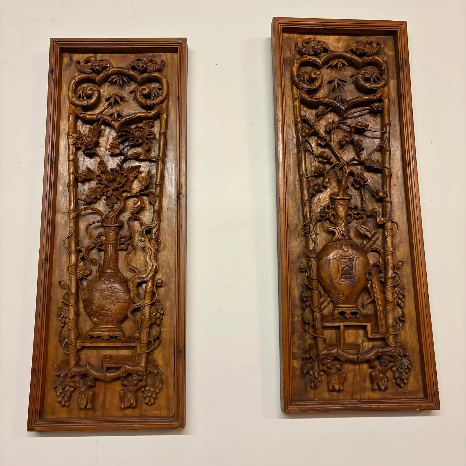Pair of Large Antique Chinese Hand-Carved Wall Panels - 2