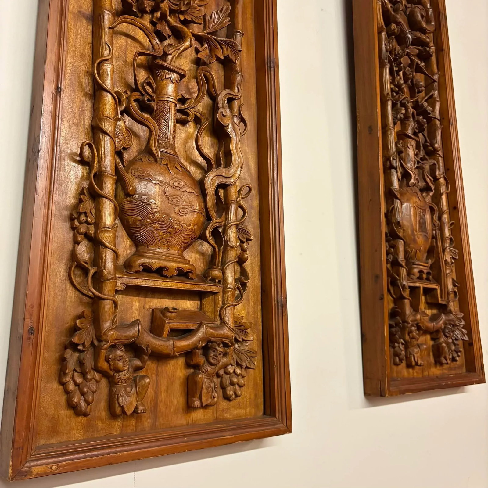 Pair of Large Antique Chinese Hand-Carved Wall Panels - 3