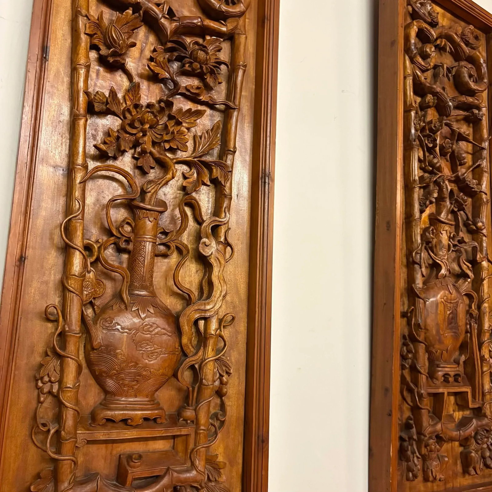 Pair of Large Antique Chinese Hand-Carved Wall Panels - 4