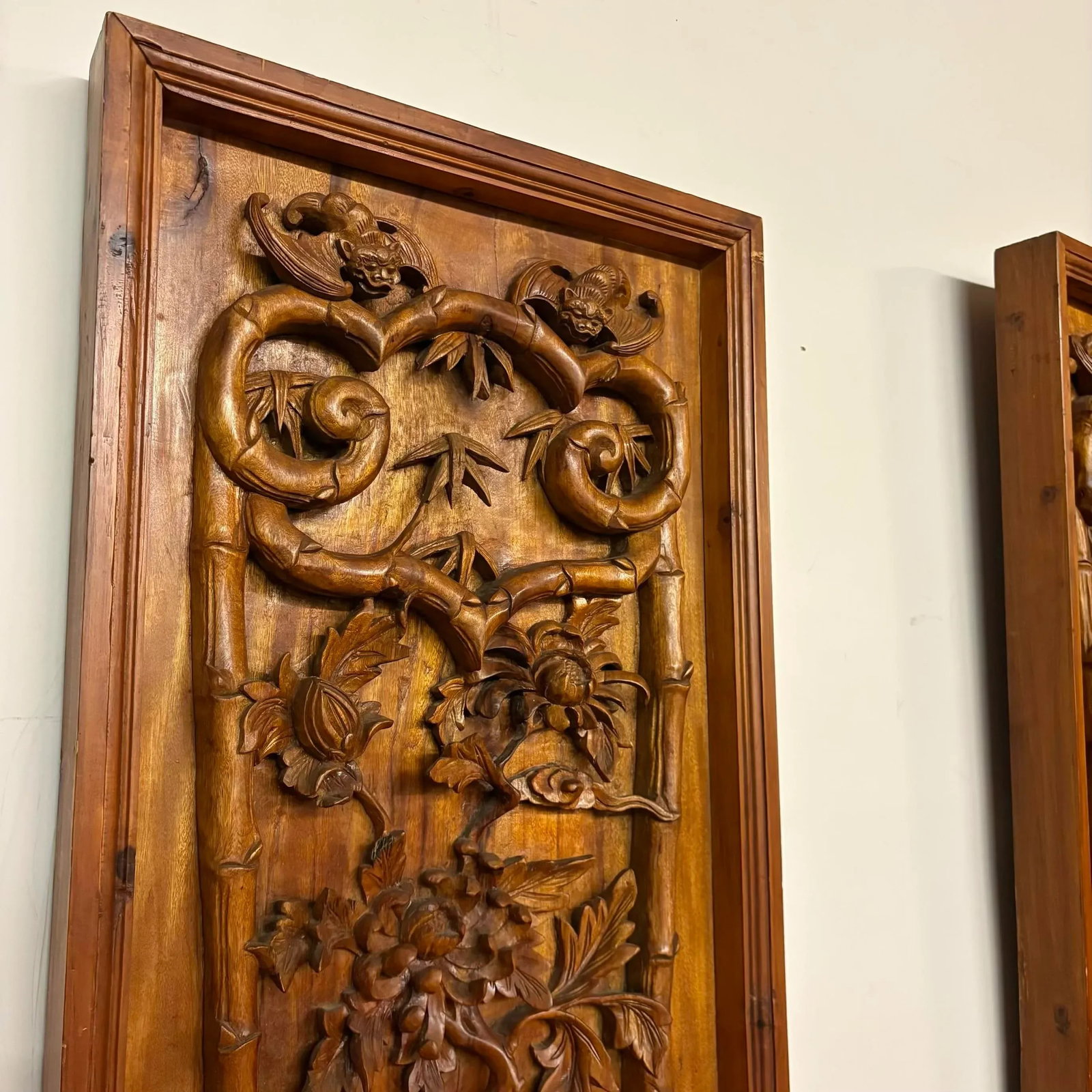 Pair of Large Antique Chinese Hand-Carved Wall Panels - 6