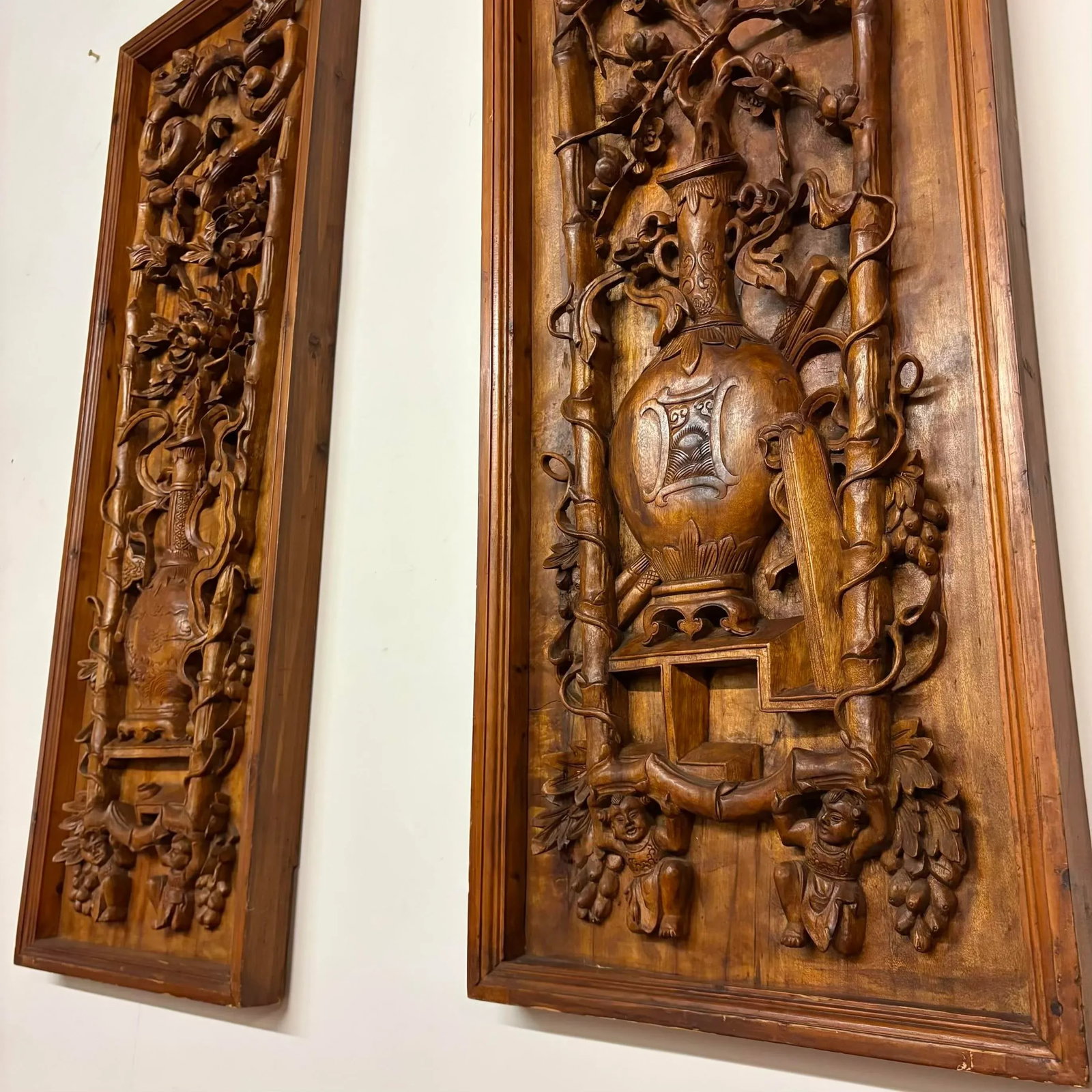Pair of Large Antique Chinese Hand-Carved Wall Panels - 8