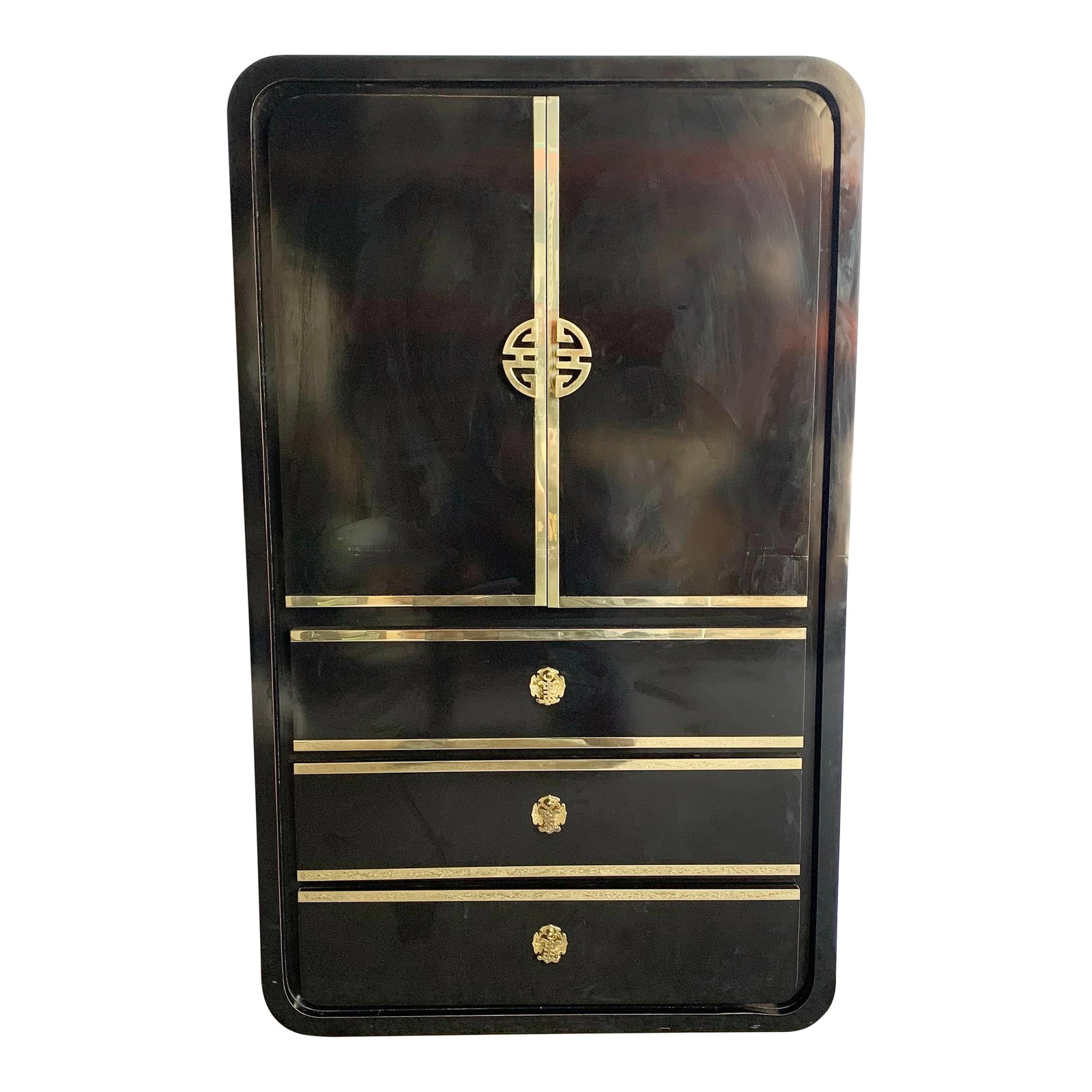Postmodern Chinoiserie Black Lacquer Laminate Waterfall Armoire With Gold Accents: A striking Postmodern Chinoiserie-style armoire featuring a glossy black lacquer laminate finish with bold gold trim and Asian-inspired hardware. The rounded waterfall edges and minimalist silhouette