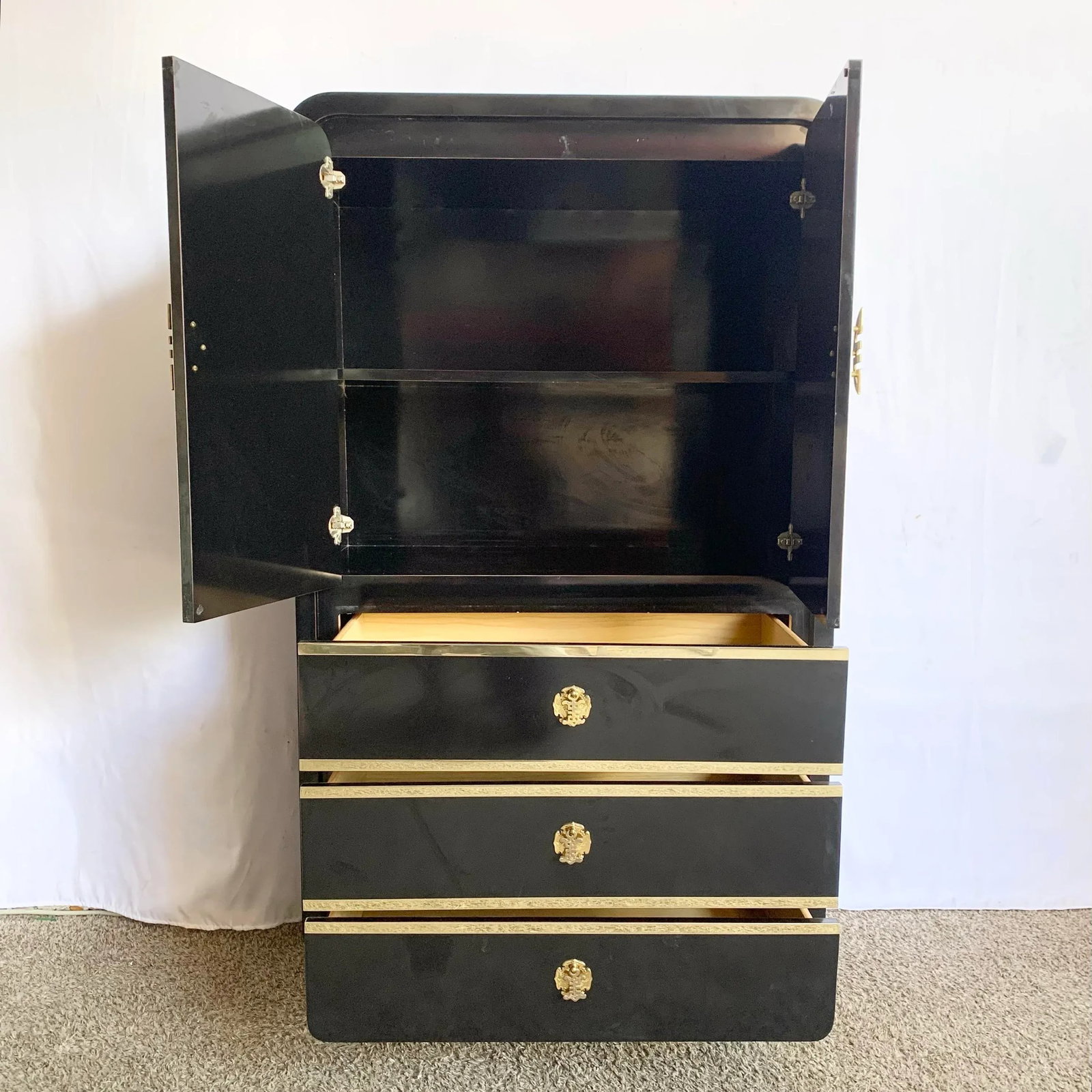Postmodern Chinoiserie Black Lacquer Laminate Waterfall Armoire With Gold Accents - 2