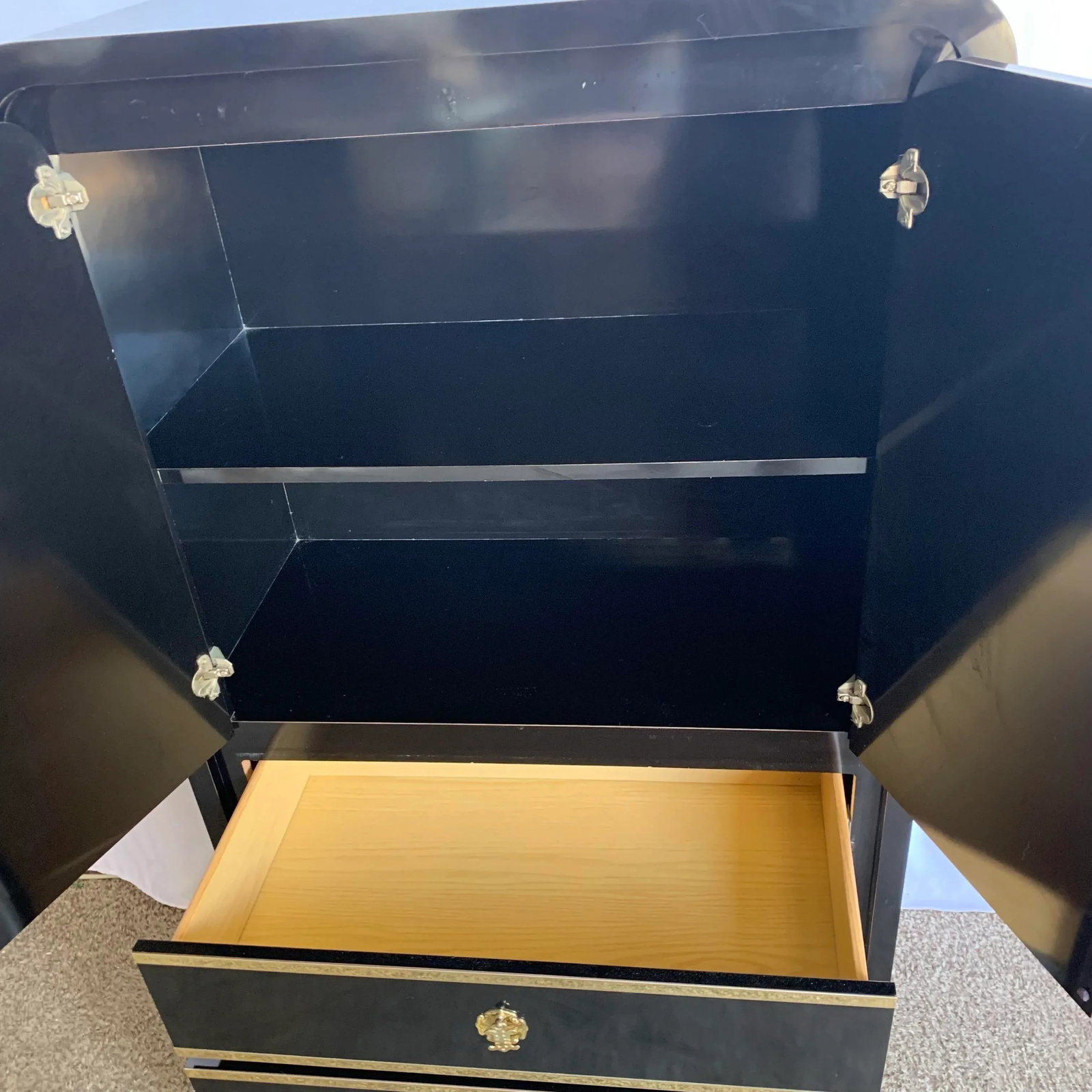 Postmodern Chinoiserie Black Lacquer Laminate Waterfall Armoire With Gold Accents - 3