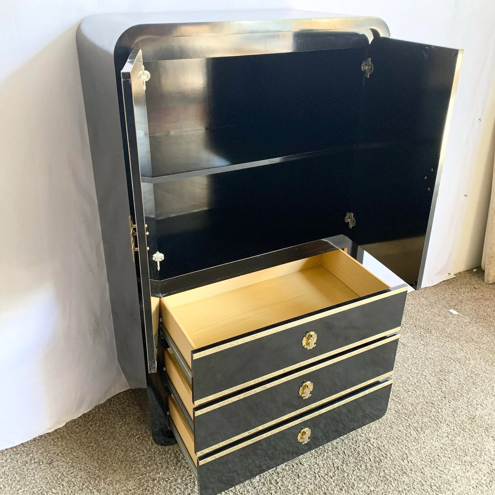 Postmodern Chinoiserie Black Lacquer Laminate Waterfall Armoire With Gold Accents - 4