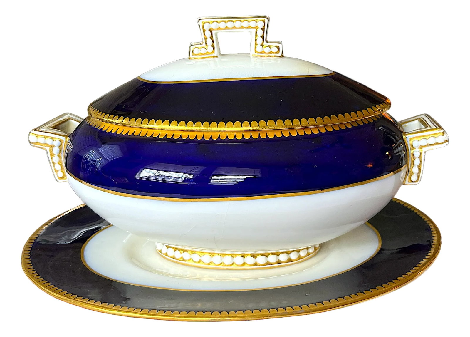 Mid 19th Century Victorian Coalport Jeweled Cobalt & Gilt Porcelain Covered Tureen With Underplate: A magnificent Victorian Coalport porcelain covered vegetable tureen with fixed underplate, dating to circa 1870–1890 and retailed by the prestigious William Mortlock & Sons, 18 Regent Street,