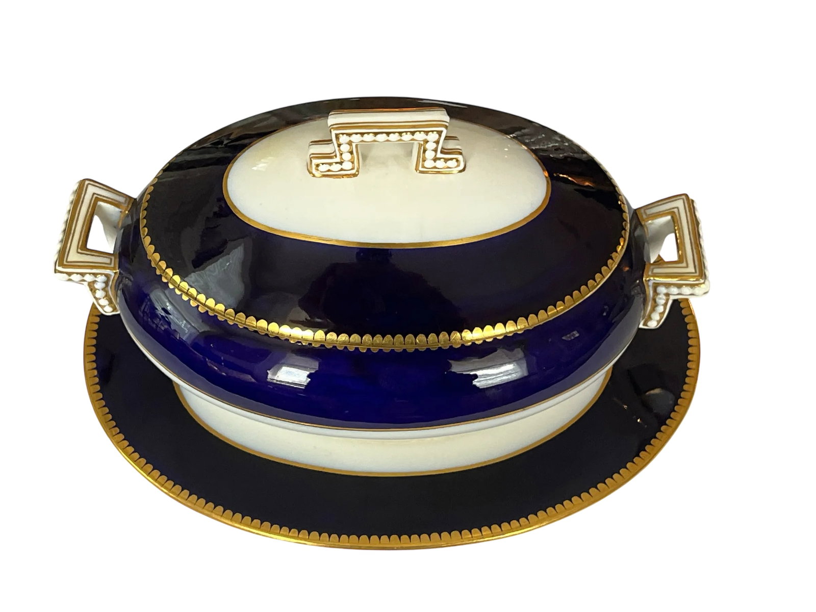 Mid 19th Century Victorian Coalport Jeweled Cobalt & Gilt Porcelain Covered Tureen With Underplate - 2