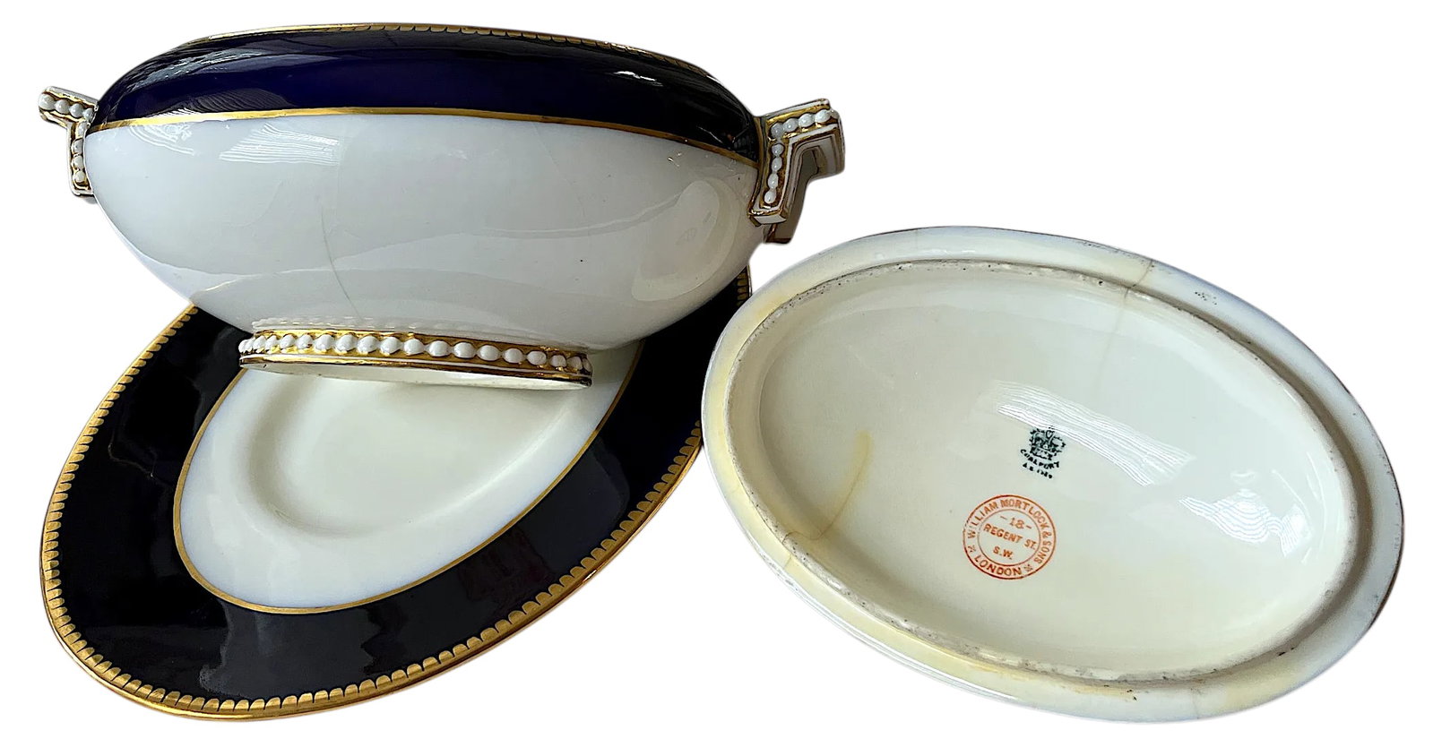 Mid 19th Century Victorian Coalport Jeweled Cobalt & Gilt Porcelain Covered Tureen With Underplate - 7