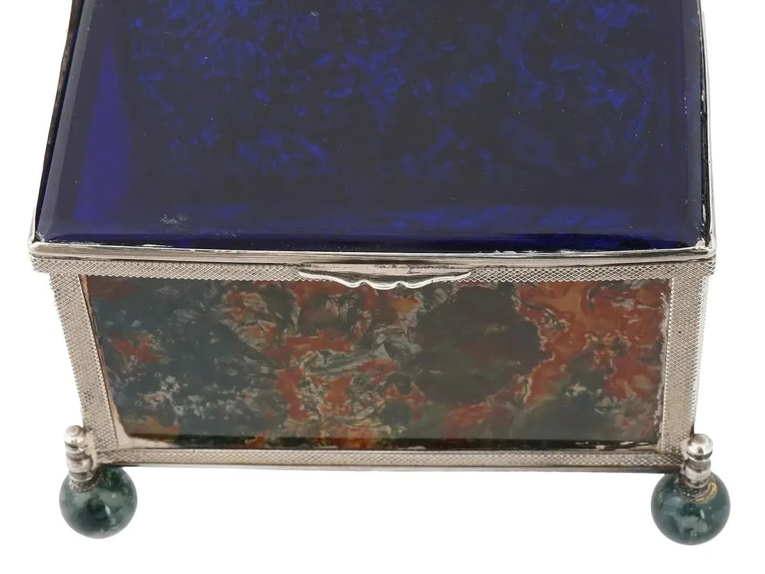 Mid 20th Century Decorative 925 Silver Glass Moss Agate Trinket Box - 10