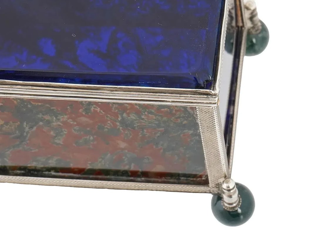 Mid 20th Century Decorative 925 Silver Glass Moss Agate Trinket Box - 12
