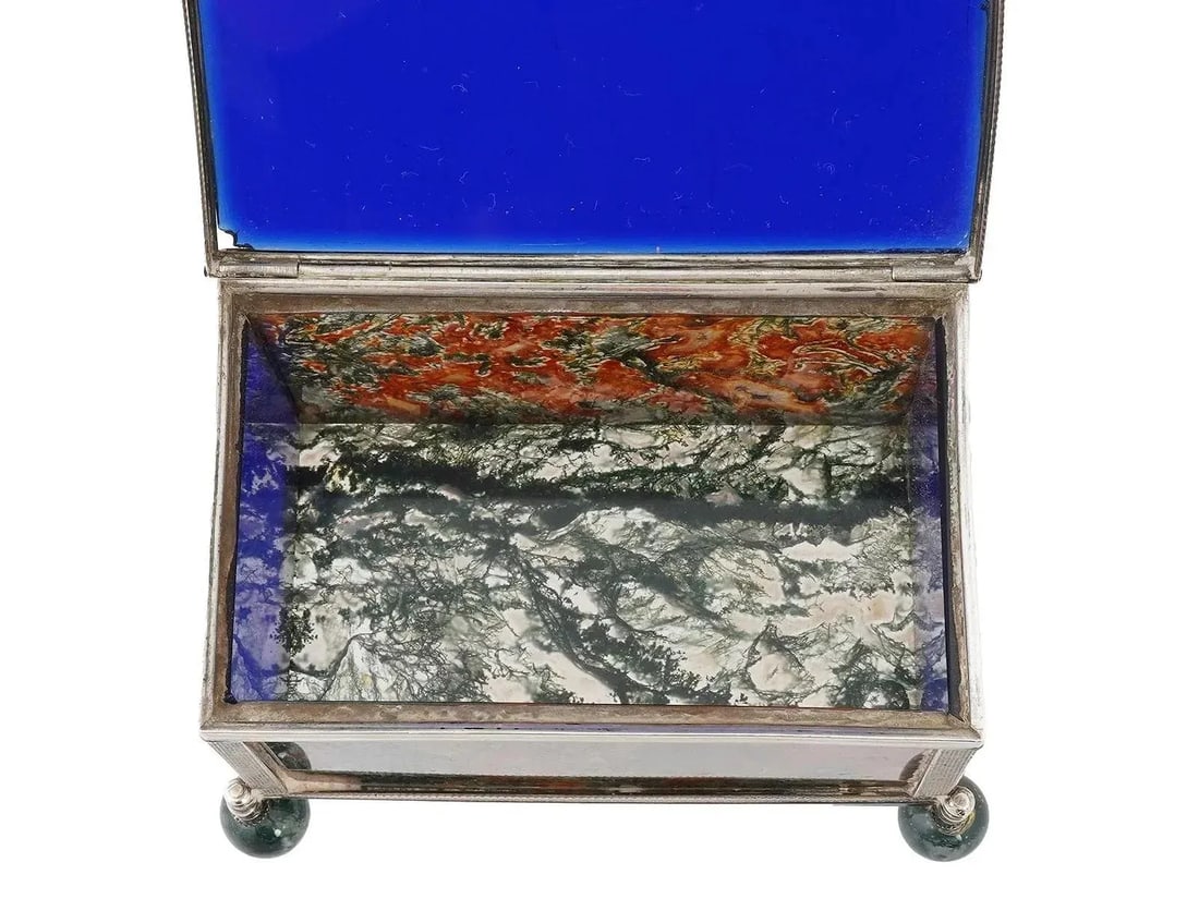 Mid 20th Century Decorative 925 Silver Glass Moss Agate Trinket Box - 13
