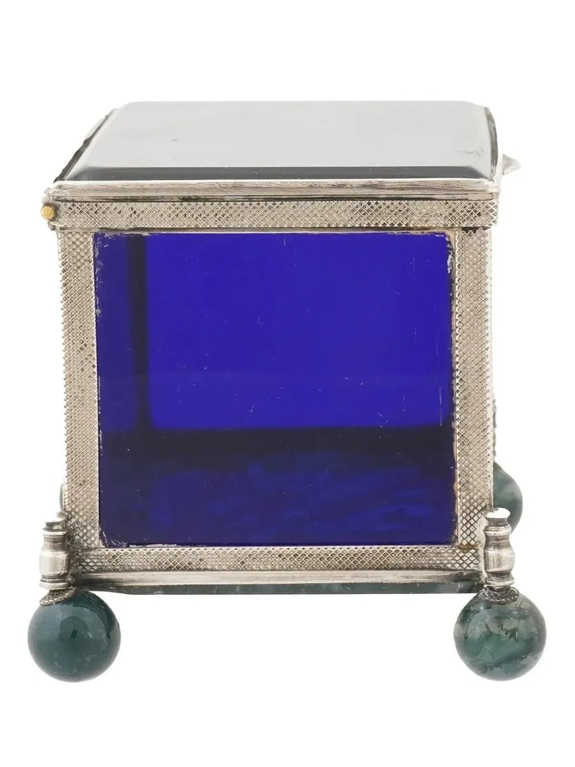Mid 20th Century Decorative 925 Silver Glass Moss Agate Trinket Box - 2