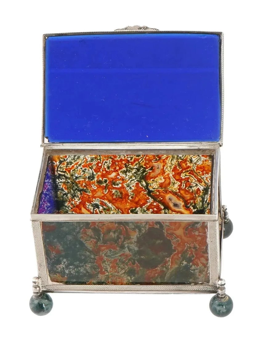 Mid 20th Century Decorative 925 Silver Glass Moss Agate Trinket Box - 4