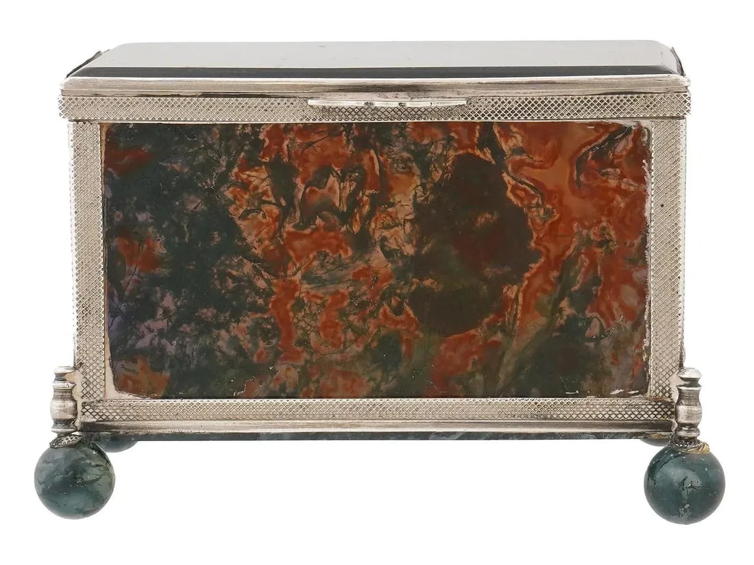 Mid 20th Century Decorative 925 Silver Glass Moss Agate Trinket Box - 5
