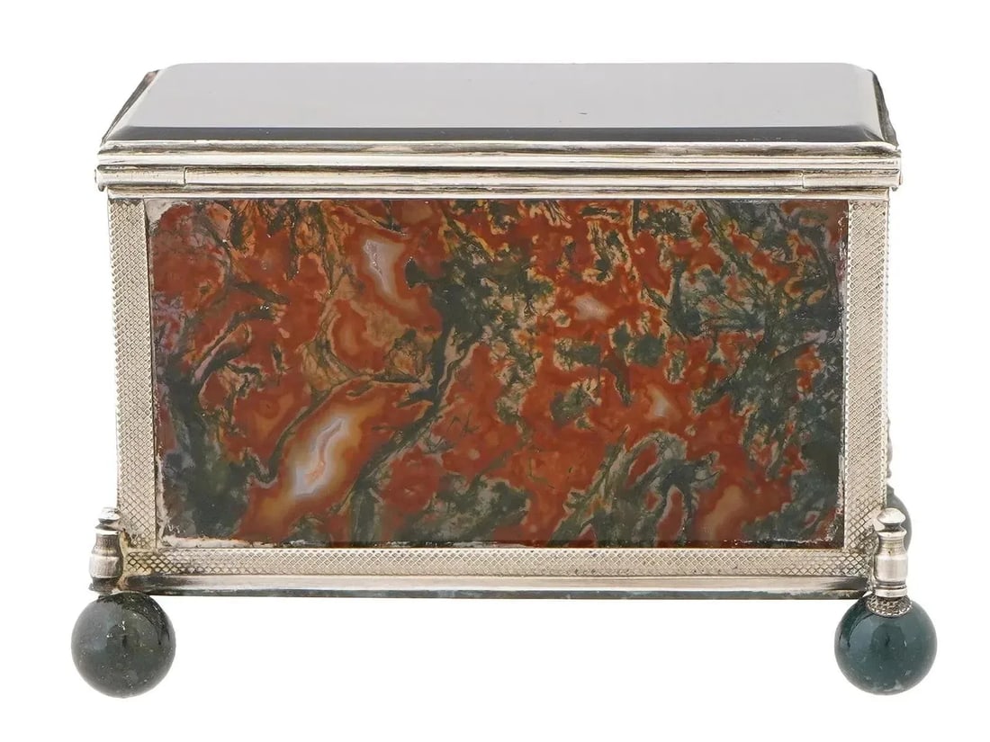 Mid 20th Century Decorative 925 Silver Glass Moss Agate Trinket Box - 7