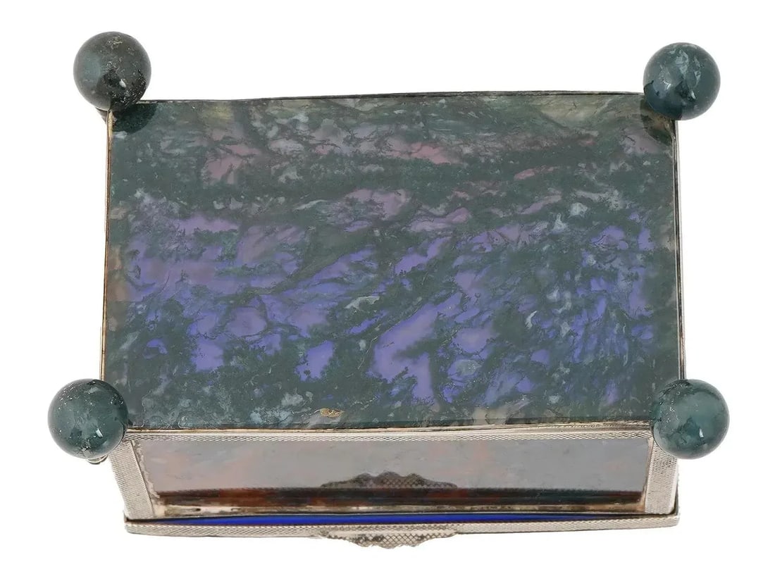 Mid 20th Century Decorative 925 Silver Glass Moss Agate Trinket Box - 9