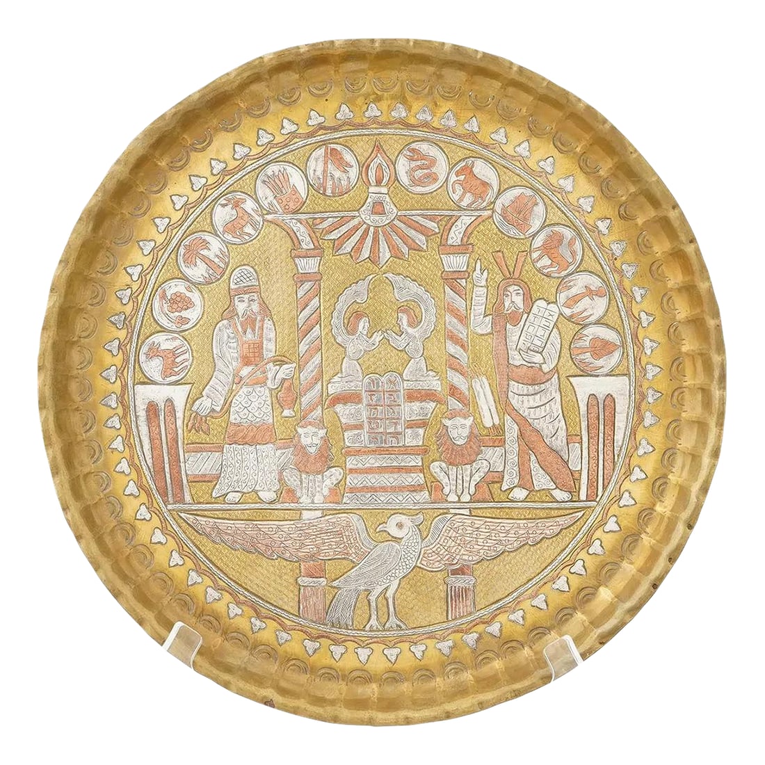 Antique Judaica Brass Tray Inlaid With Silver and Copper: An antique Judaica brass tray inlaid with silver and copper. Round in shape with elevated rims. The piece is richly garnished with complex, stylized Judaica scenes and ornaments. Oriental Judaica