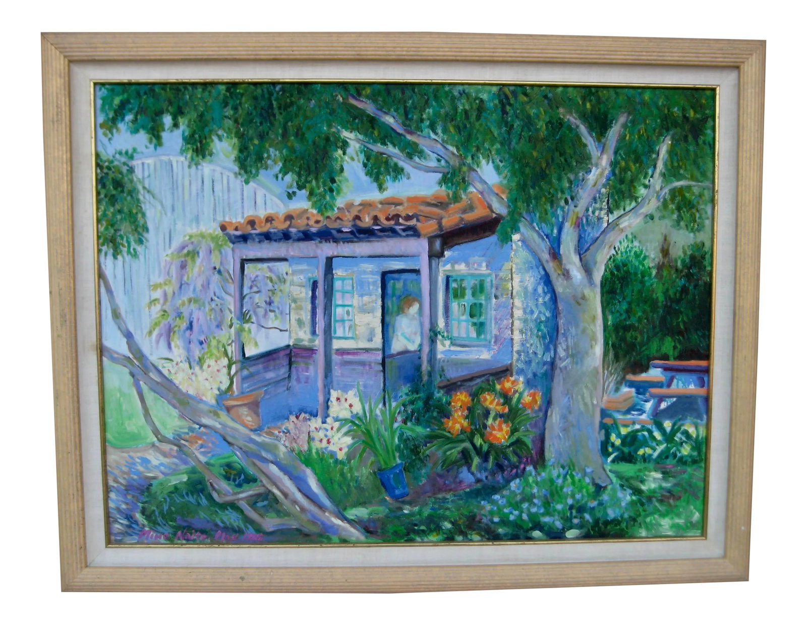 20th Century California Landscape Oil Painting by Mino Maito, Framed: Impressive oil on canevas painting in the original frame this lovely impressionist landscape of a Californian garden has bright colors such a freshness that seems like spring and bring a peaceful