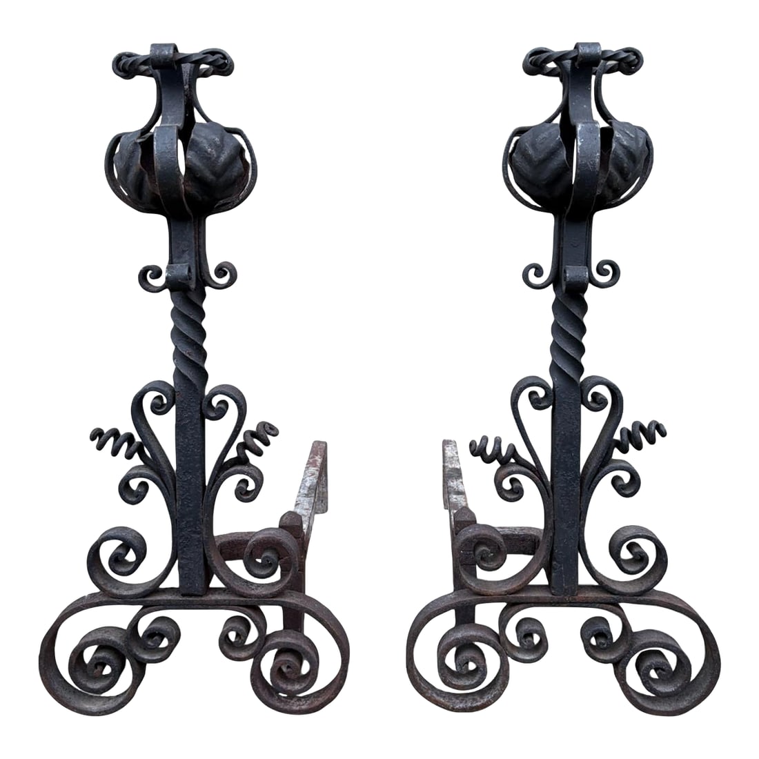 Late 19th Century Arts & Crafts Wrought Iron Pair Andirons Basket Top, Scrollwork, Spiral and Twiste: Arts & Crafts Wrought Iron Pair Andirons Basket Top, Scrollwork, Spiral and Twisted Accents Condition: Alterations: Original Condition Unaltered Imperfections: Some Imperfections Condition Notes: