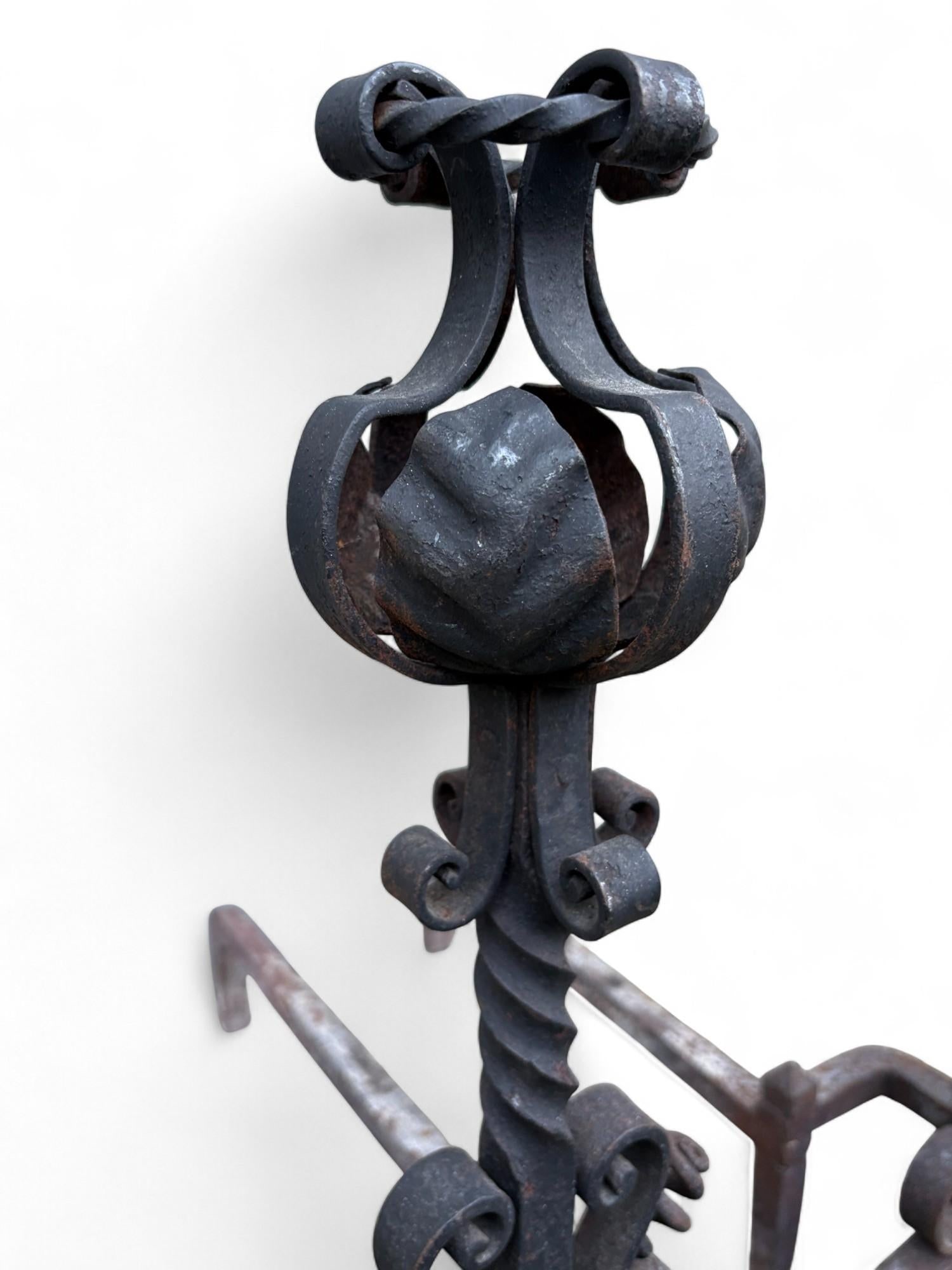 Late 19th Century Arts & Crafts Wrought Iron Pair Andirons Basket Top, Scrollwork, Spiral and Twiste - 5