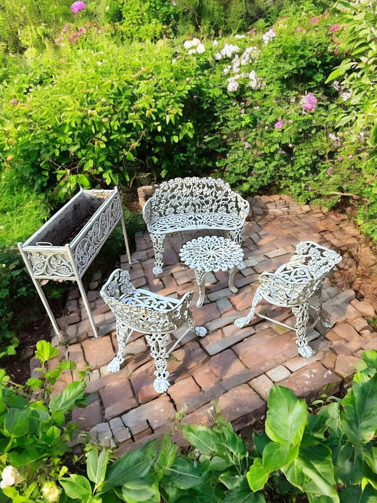 White Cast Iron Grapevine Antique Victorian Outdoor Garden Furniture Suite-Set of 5 - 4
