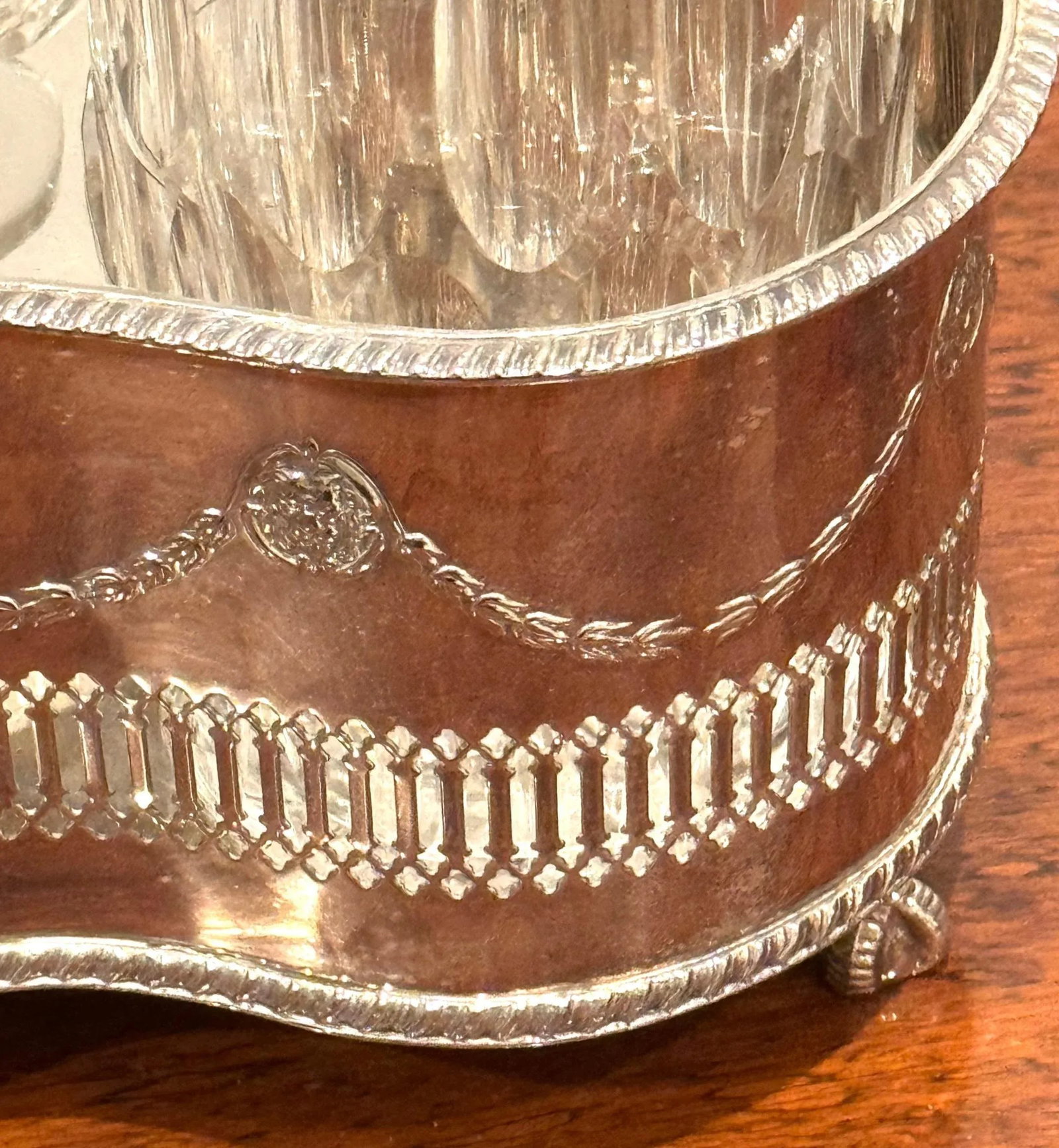 Silverplated Tantalus, John Sherwood & Sons, 3 Optical Cut Glass Decanters, 1900 - 10