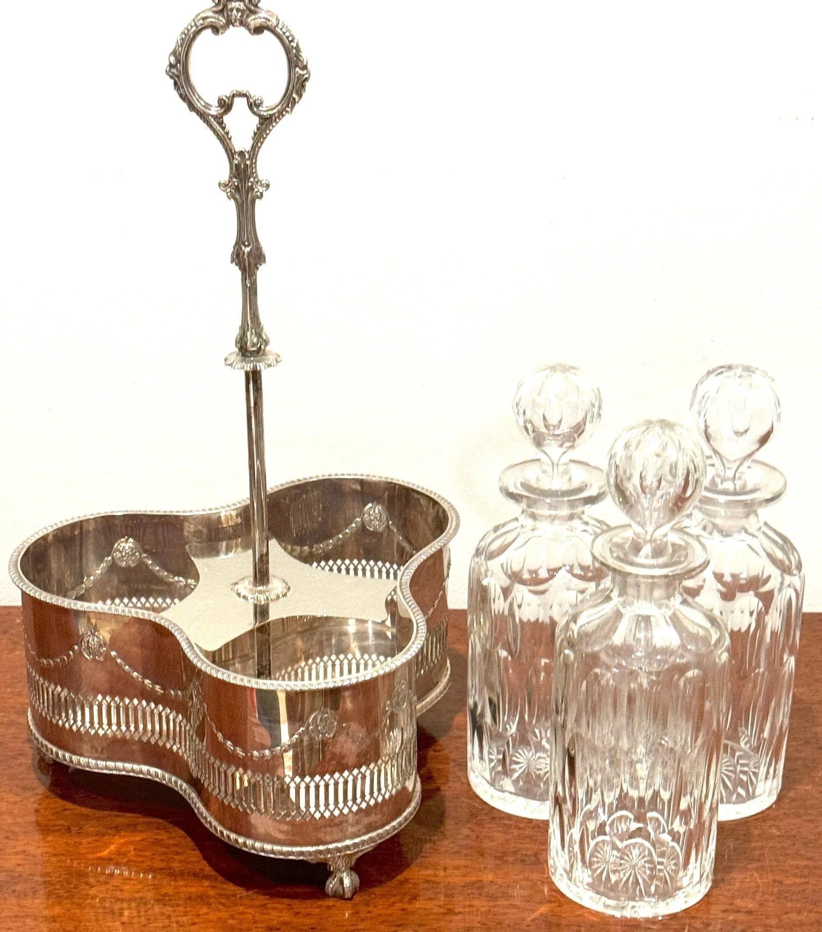 Silverplated Tantalus, John Sherwood & Sons, 3 Optical Cut Glass Decanters, 1900 - 11