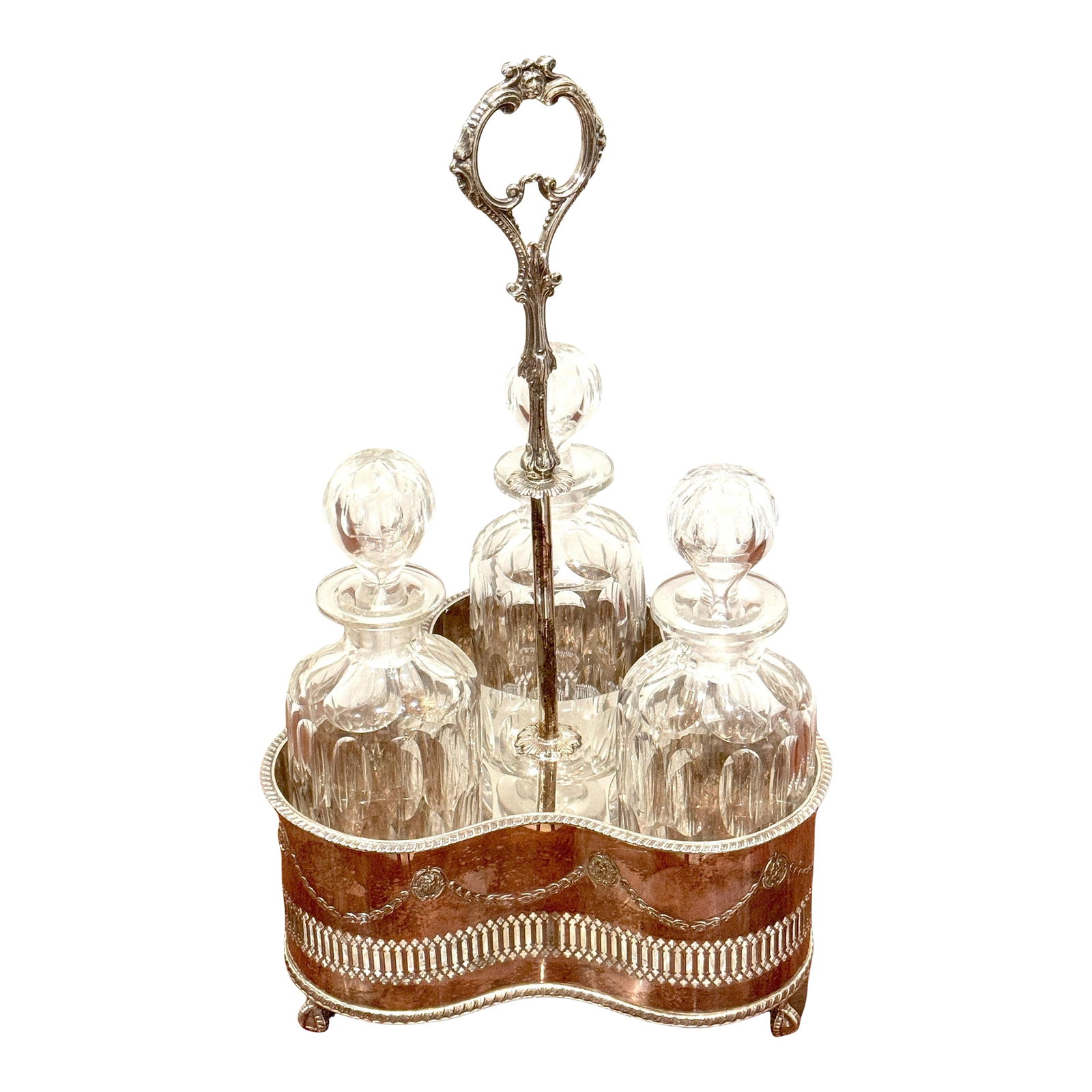 Silverplated Tantalus, John Sherwood & Sons, 3 Optical Cut Glass Decanters, 1900 (1 of 12)