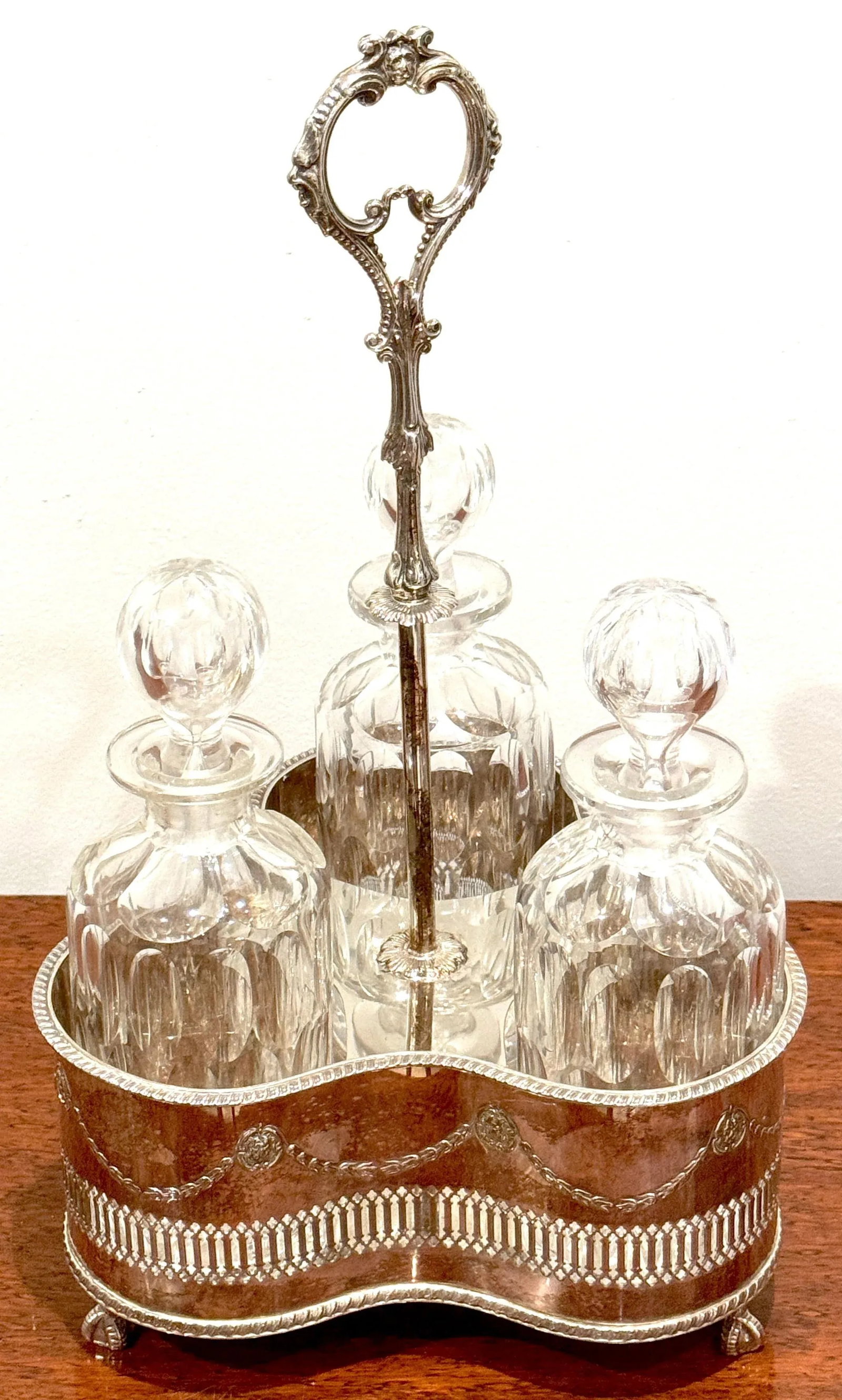 Silverplated Tantalus, John Sherwood & Sons, 3 Optical Cut Glass Decanters, 1900 - 5