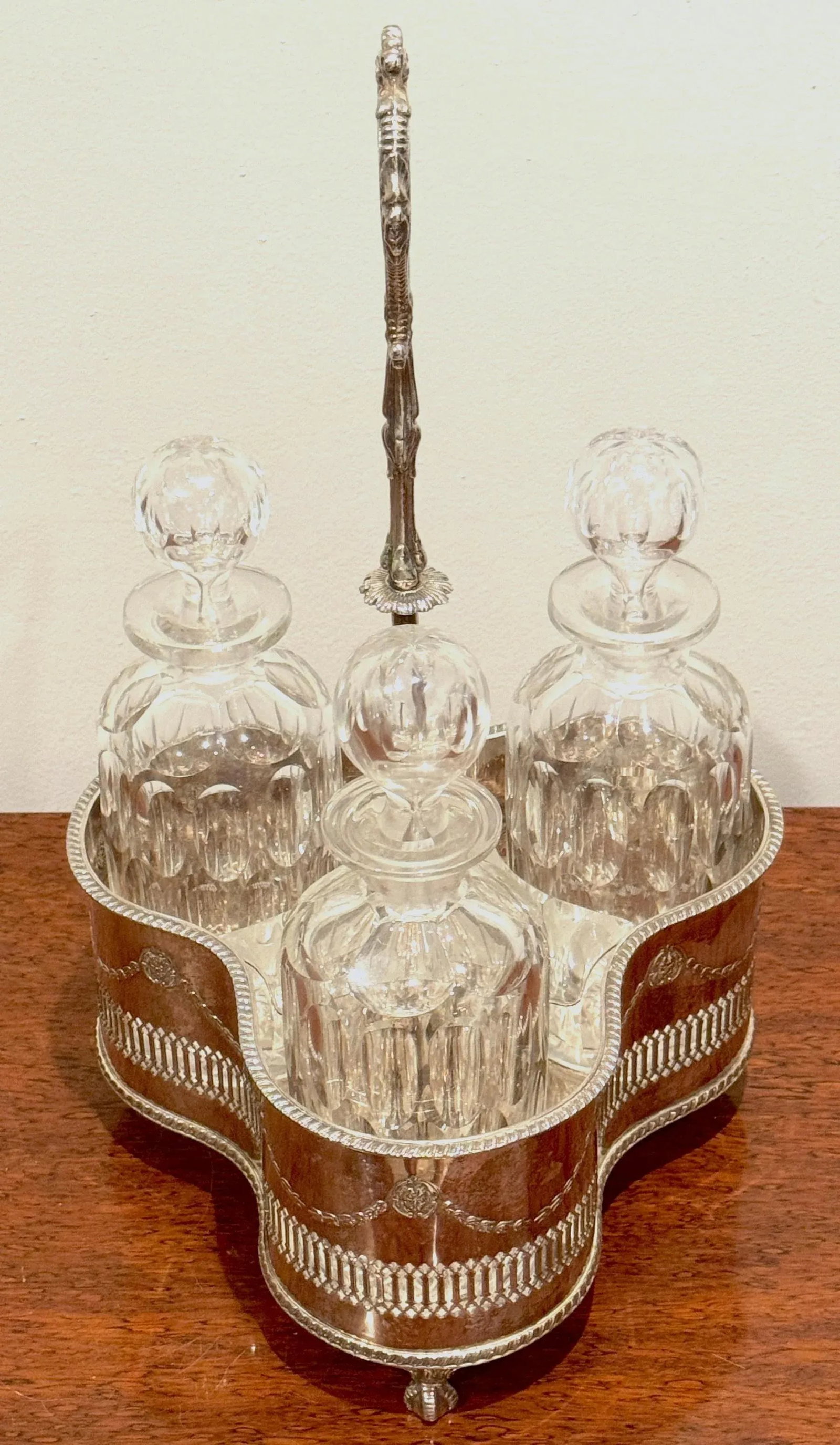Silverplated Tantalus, John Sherwood & Sons, 3 Optical Cut Glass Decanters, 1900 - 6