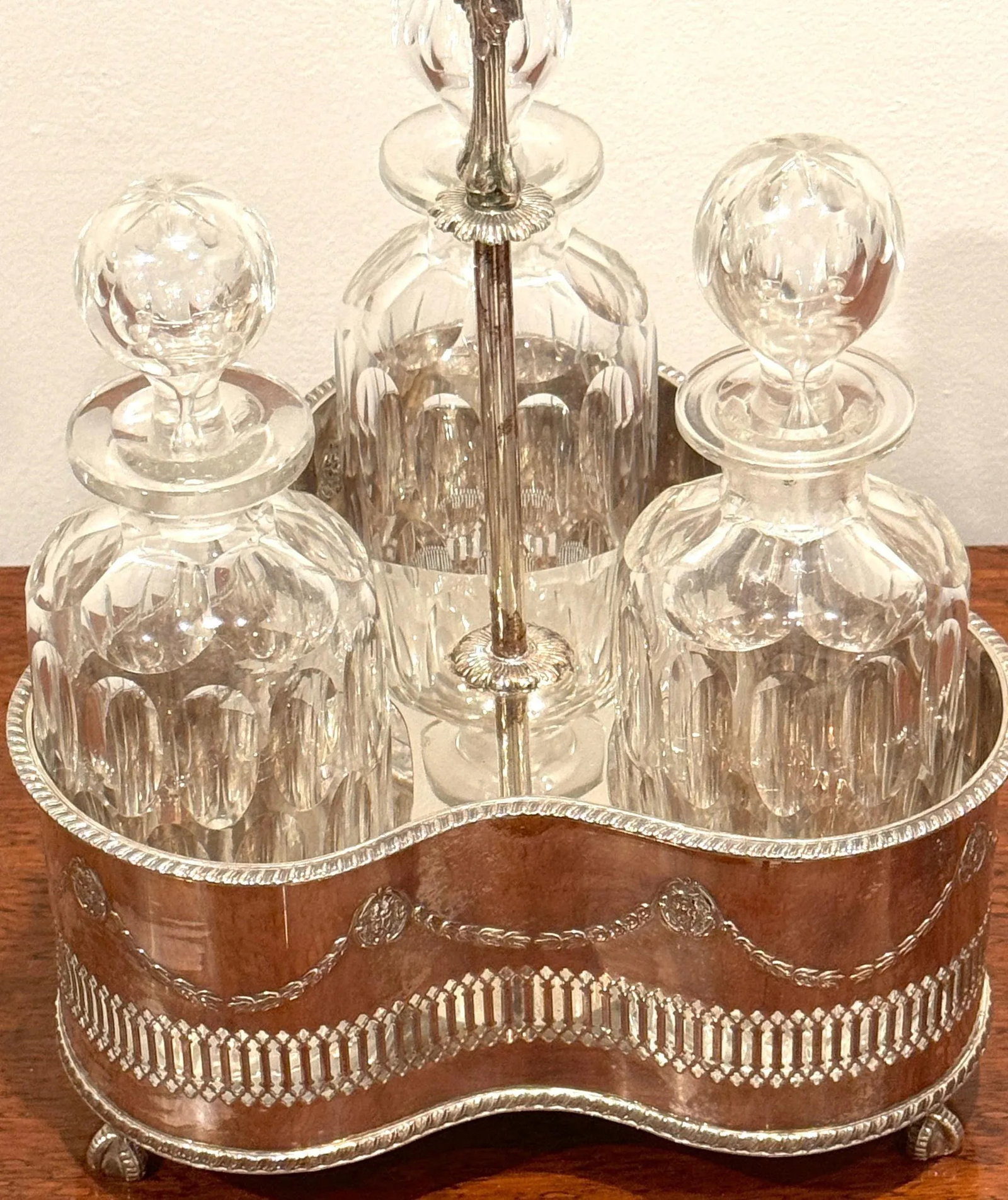 Silverplated Tantalus, John Sherwood & Sons, 3 Optical Cut Glass Decanters, 1900 - 9