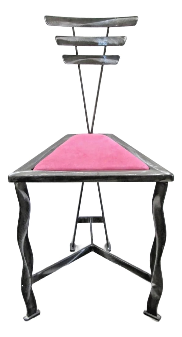 1990s Postmodern Contemporary Welded Steel Artist Signed Accent Chair: This 1990s Postmodern Contemporary Welded Steel Artist Signed Accent Chair is a unique and artistic piece of furniture. Made of steel with a pink suede upholstery, this fully assembled chair is 34
