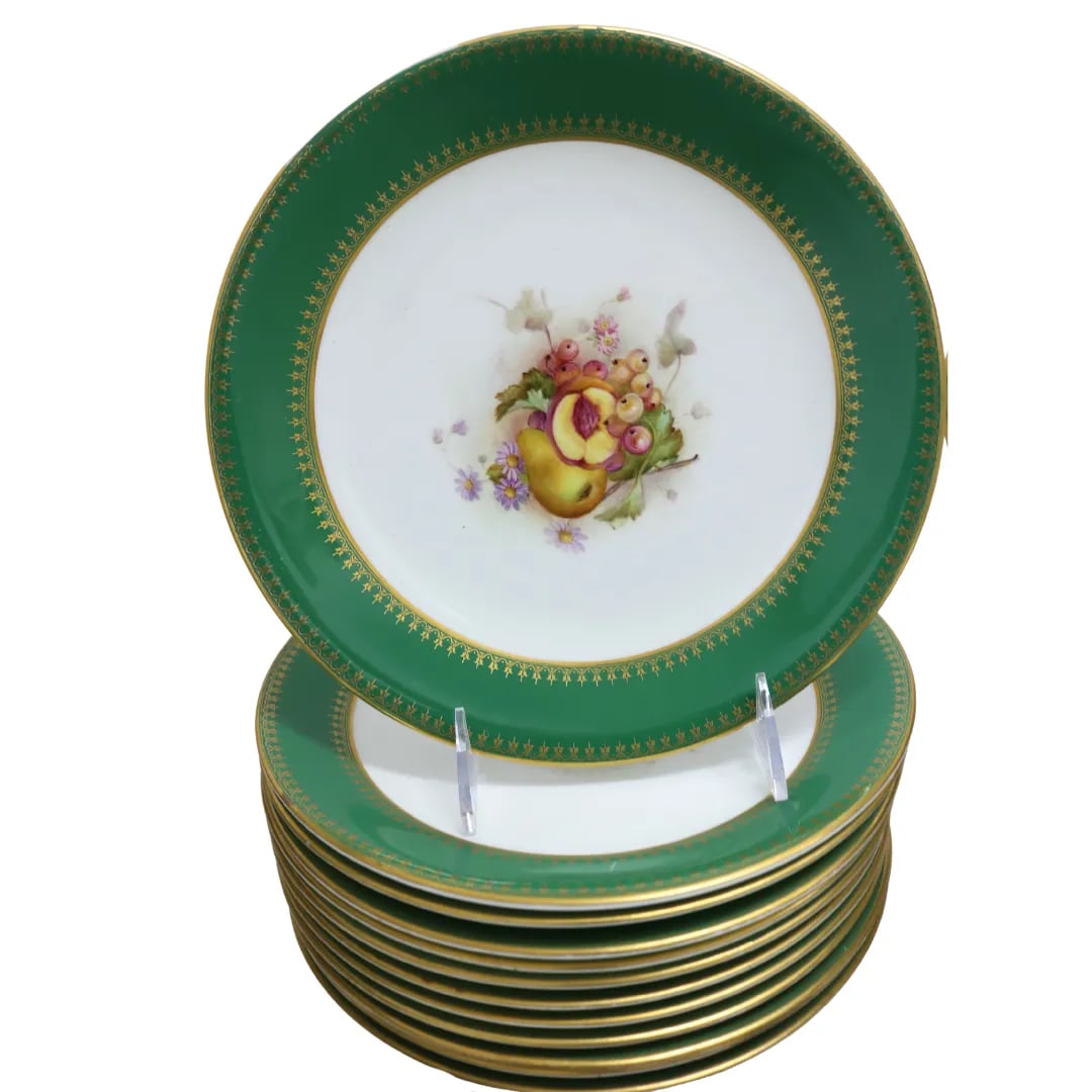 Early 1900s Royal Worcester Green & Gilt Dessert Service, 18 Pieces - 2