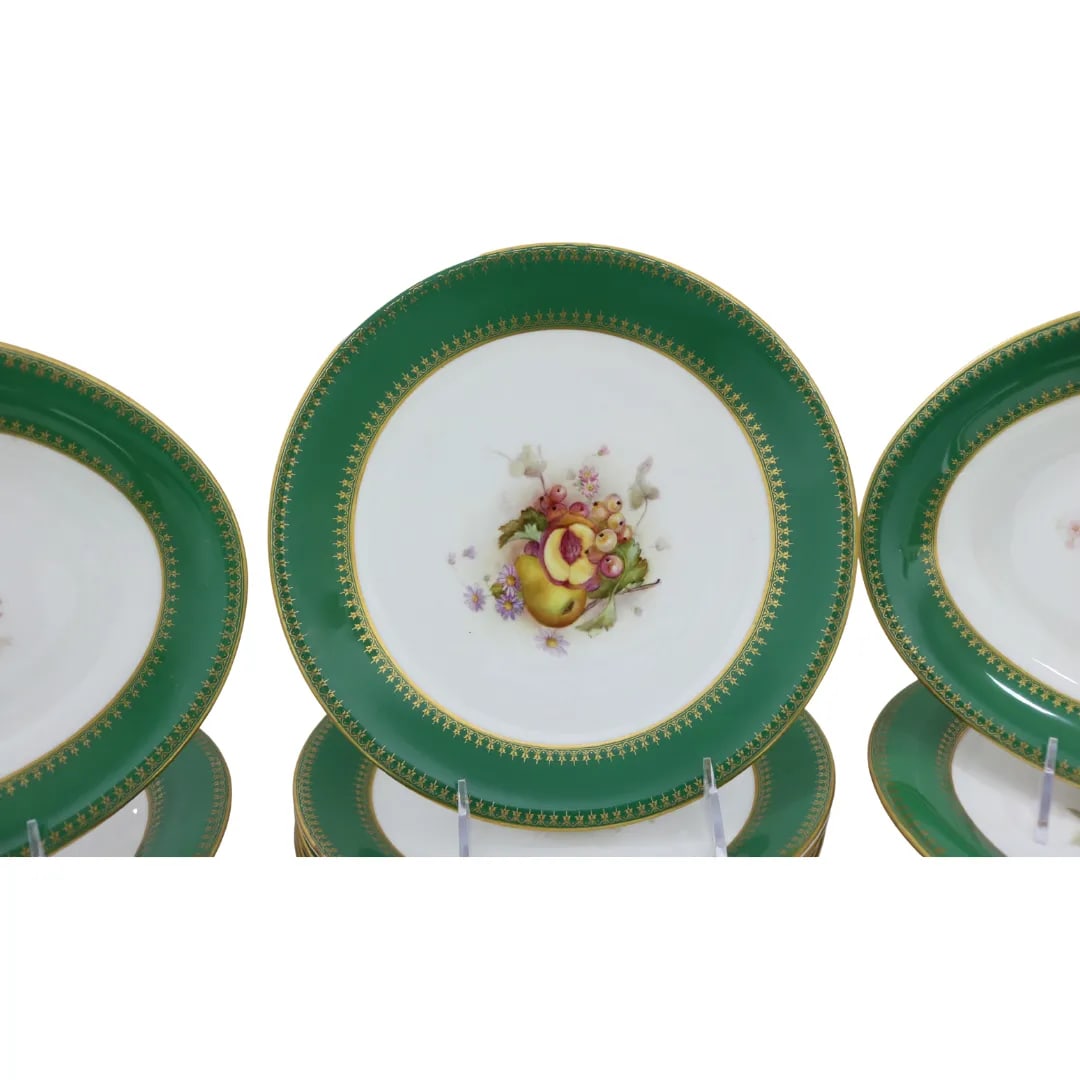 Early 1900s Royal Worcester Green & Gilt Dessert Service, 18 Pieces - 3