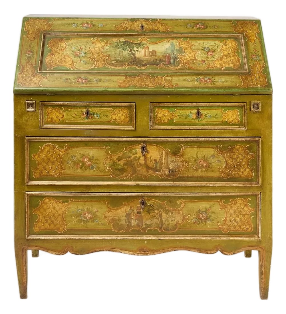Antique Italian Fall Front Painted Secretary Desk: Exquisite painted fall front secretary desk that exudes old-world charm and the beauty of Italian craftsmanship. The desk is hand painted and features floral designs and different scenes of people in