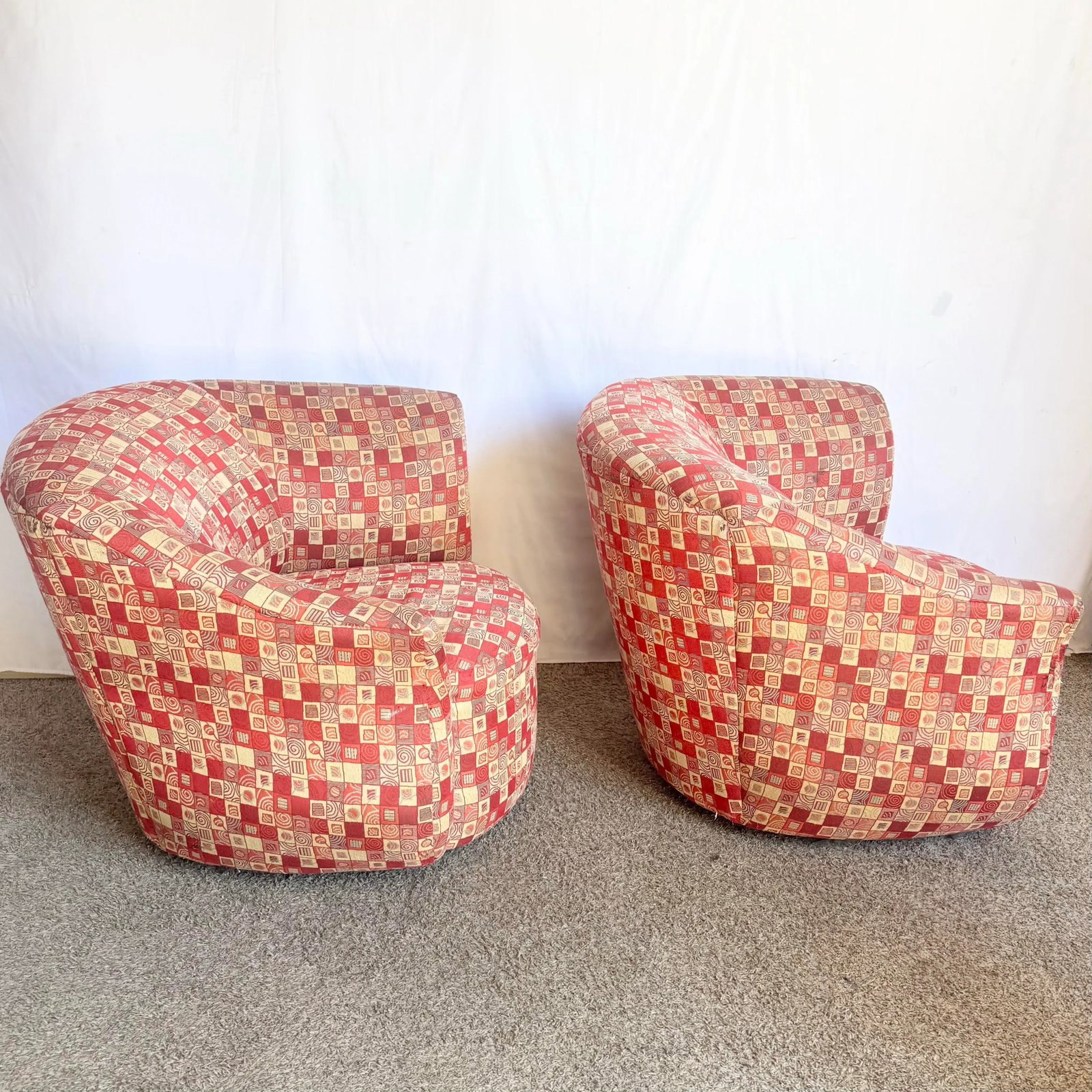Postmodern Red and Gold Fabric Sculpted Swivel Arm Chairs - A Pair - 3