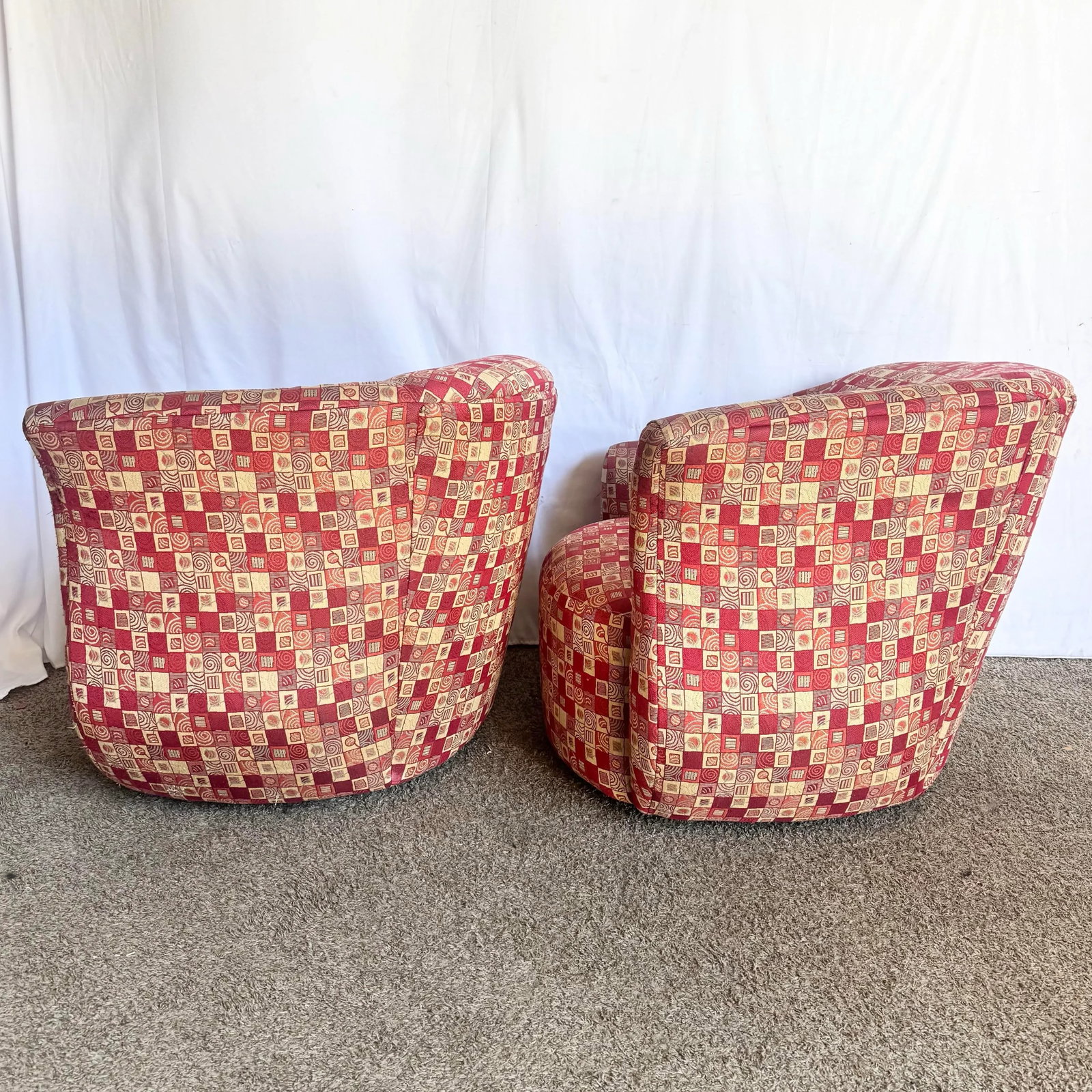 Postmodern Red and Gold Fabric Sculpted Swivel Arm Chairs - A Pair - 5